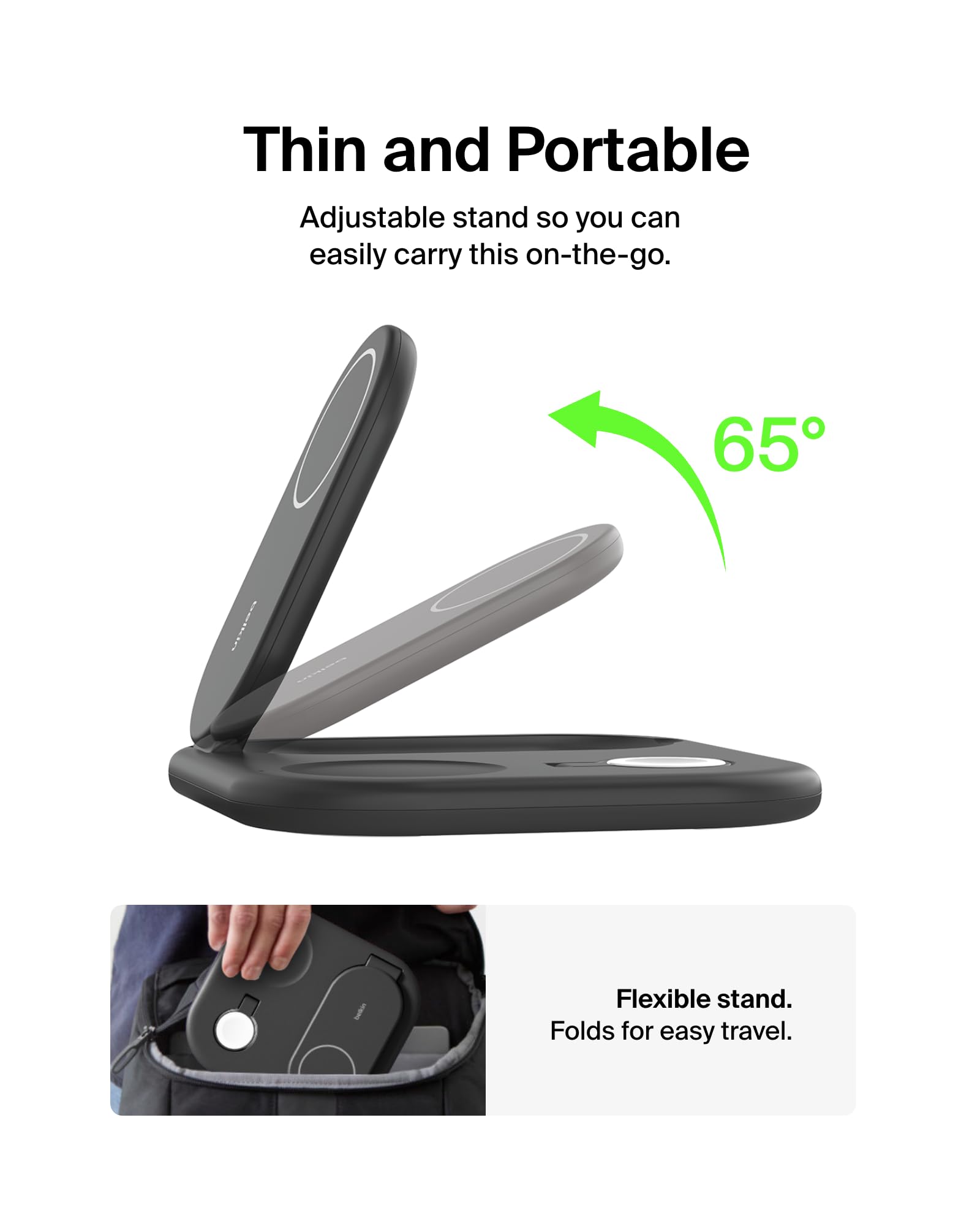 Belkin 3-in-1 MagSafe-Compatible iPhone Charger 15W | Foldable Magnetic Qi2-Certified Wireless Charging Station for iPhone 16, Apple Watch Series 10, AirPods 4 | Fast Charging with Non-Slip Base & PSU | Perfect for Home, Office & Travel - Black