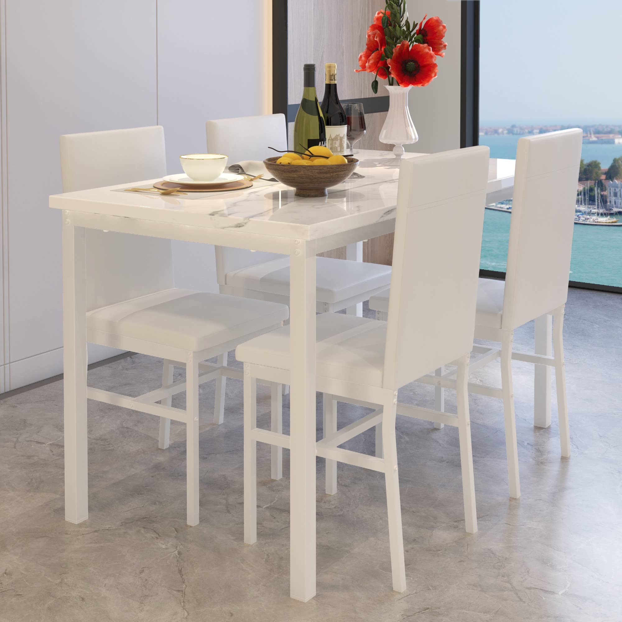 Hooseng 4-Piece Dining Table Set with Faux Marble Top & Thick Cushioned Chairs - White Kitchen & Dining Room Furniture for Home, Dinette, Apartment | Perfect for Small Spaces, Family Meals & Entertaining Guests