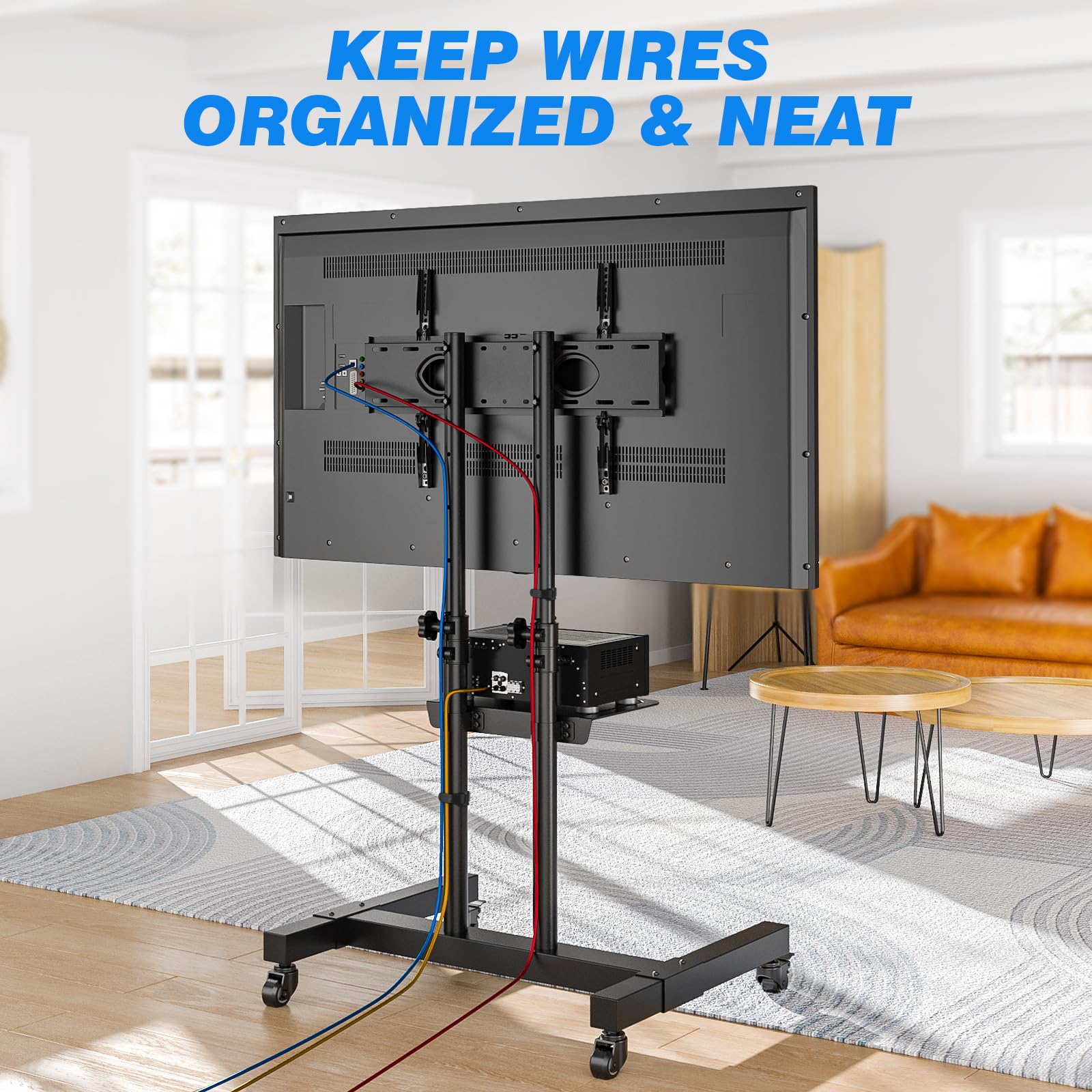 Rfiver Mobile TV Cart - Adjustable Rolling TV Stand for 32-83 Inch Screens (Up to 110lbs), Portable TV Stand with Wheels & Height Adjustable Shelf, Universal VESA 600x400mm - Perfect for Home, Office & Outdoor Use (Black)