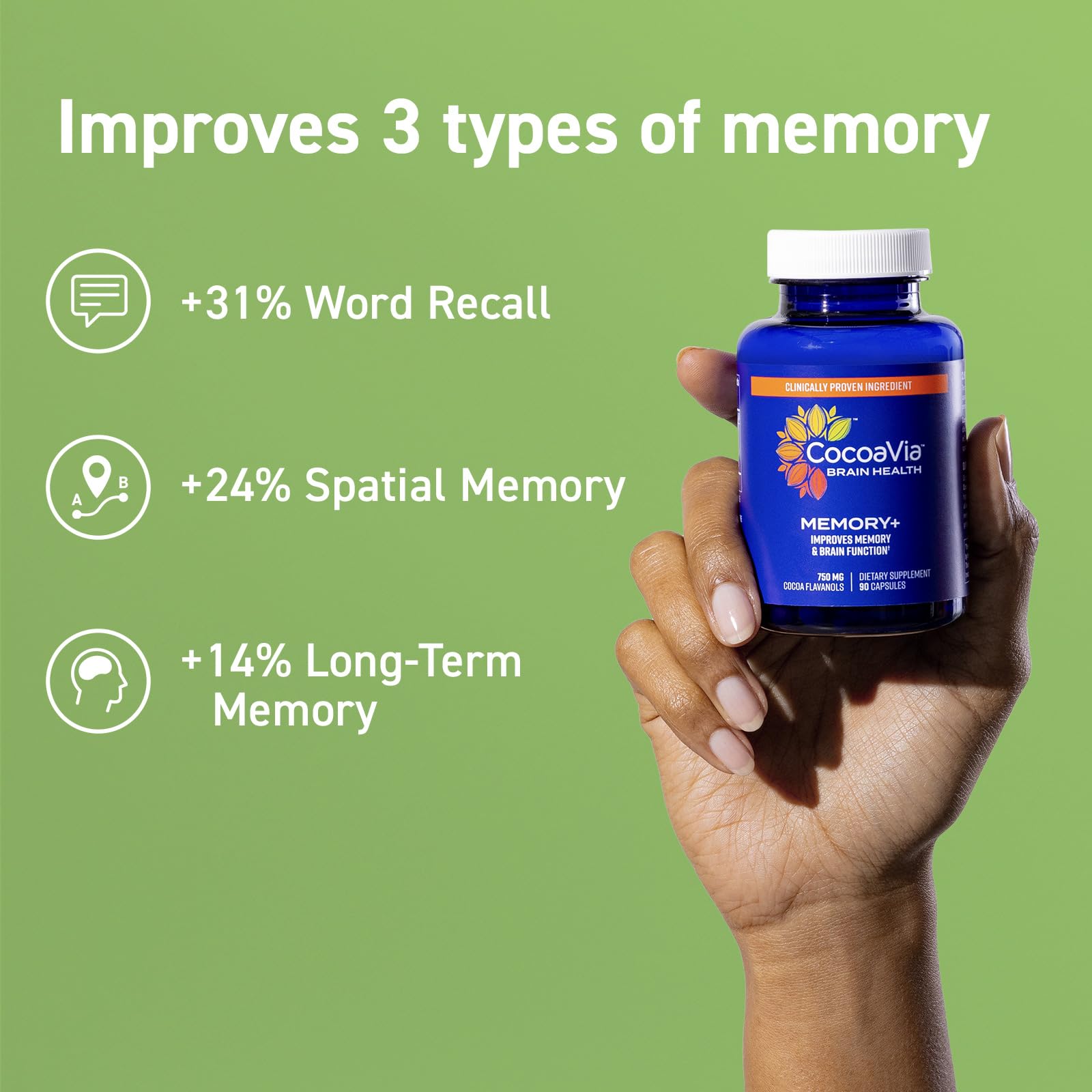 CocoaVia Memory+ Brain Supplement - 750mg Cocoa Flavanols for Memory & Focus - Vegan, Plant-Based, Gluten-Free - 270 Capsules (90 Day Supply) - Supports Cognitive Function for Work & Study