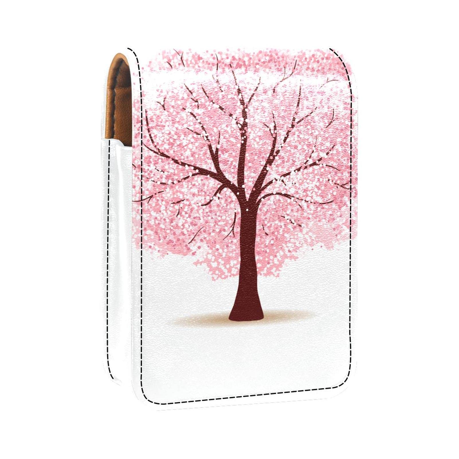Cherry Blossom Tree Makeup Lipstick Case - PU Leather Travel Cosmetic Pouch with Mirror (Holds 3 Lipsticks) - Perfect for Travel, Daily Use & Gift Giving