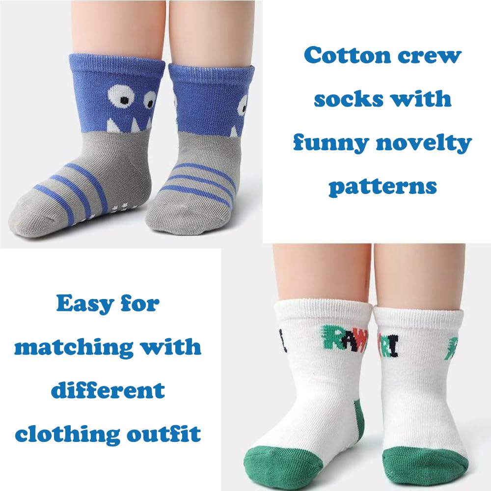 **Non-Slip Baby Boys' Dinosaur Socks - 12 Pack Soft Cotton Crew Socks with Grips for Toddlers | Perfect for Playtime, Daycare & Indoor Activities**