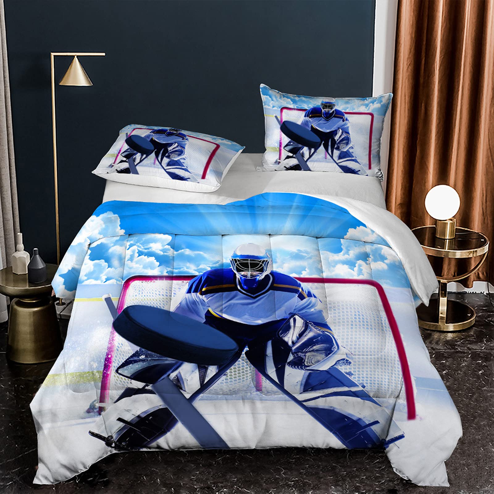 Premium Ice Hockey Player Twin Comforter Set - Sporty Puck Design with Blue Sky Pattern - Includes 1 Comforter + 1 Pillow Sham - Perfect for Hockey Fans' Bedroom Decor & Game Day Themed Rooms