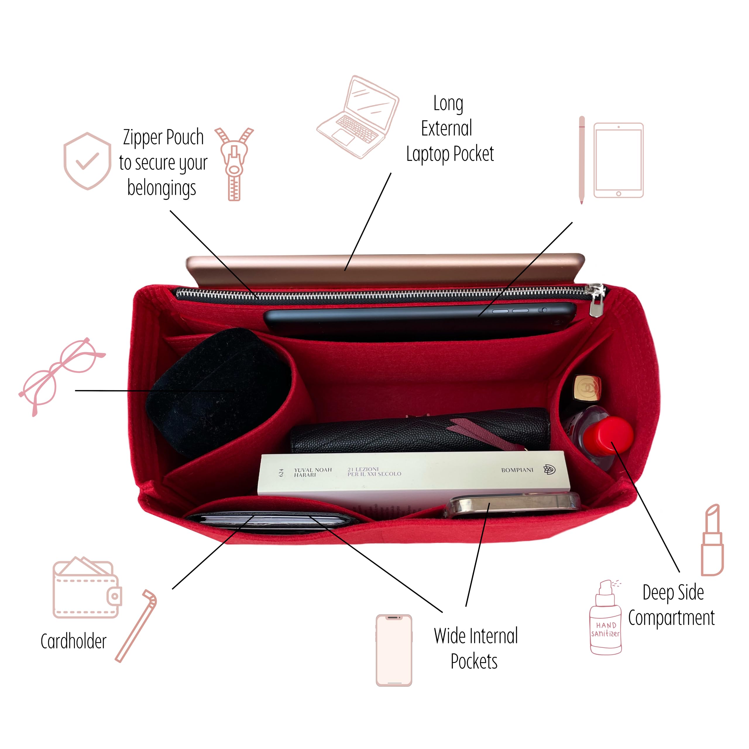 LV Noe GM & BB Purse Organizer Insert - Handmade 2mm Felt Bag Organizer with Gold Zipper for Louis Vuitton Noe, Petit Noe (Red) - Perfect for Travel, Work & Everyday Use to Keep Your Luxury Bag Neat & Protected