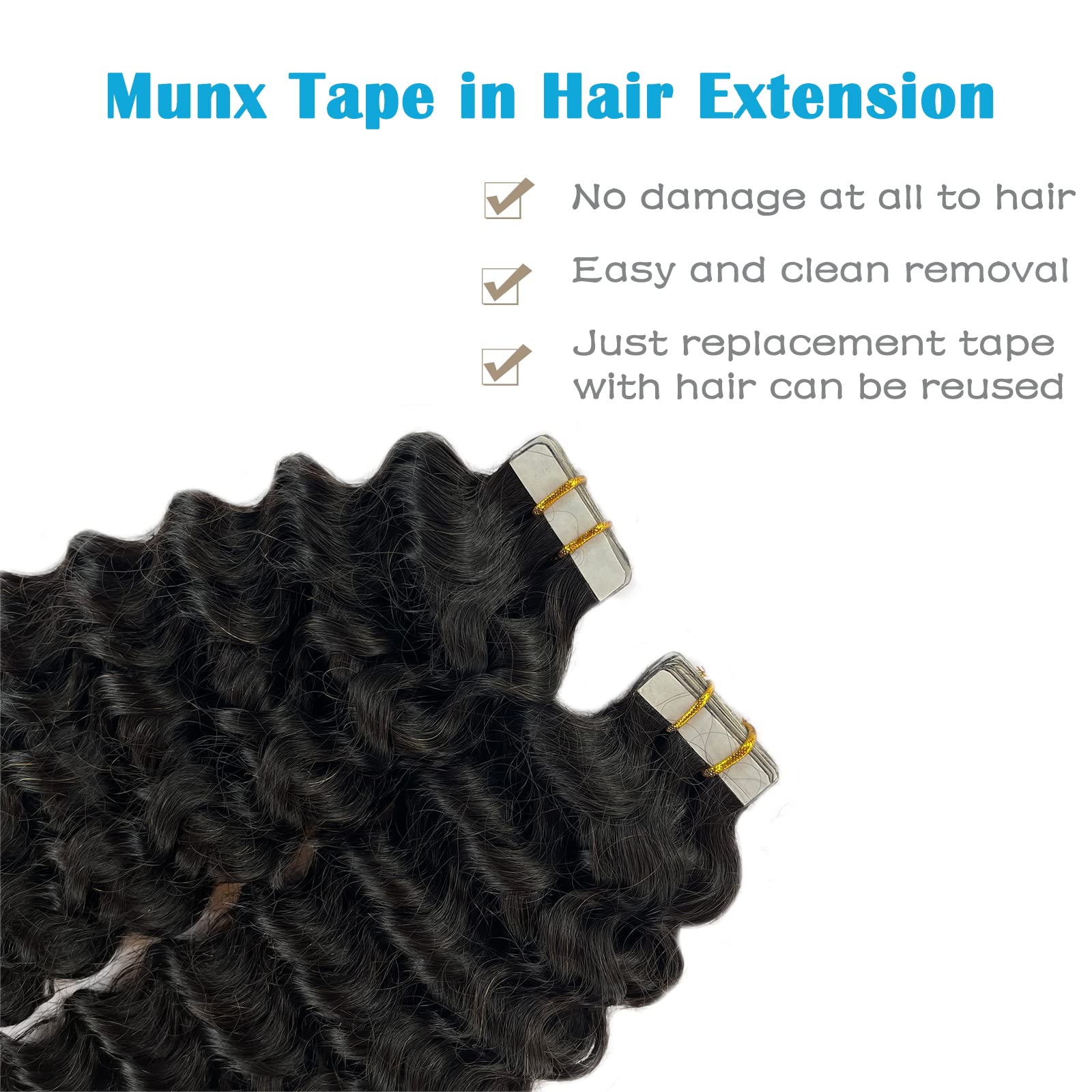 Munx 22inch Black Tape in Hair Extensions - 50g 20pcs Natural Curly Human Hair Weft - Remy Quality Black Wave Hair Extensions for Length & Volume - Perfect for Parties, Weddings & Daily Styling