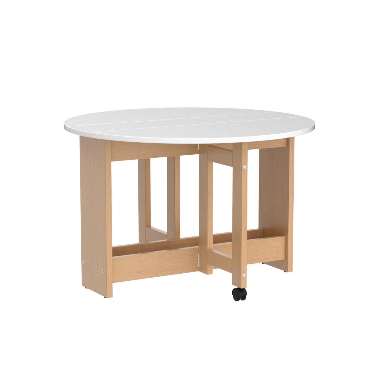 Round Drop-Leaf Folding Dining Table - Space Saving Extendable Convertible Table with Storage Box & Wheels - White Kitchen Farmhouse Living Room Furniture - Perfect for Small Spaces, Apartments & Multi-Purpose Rooms