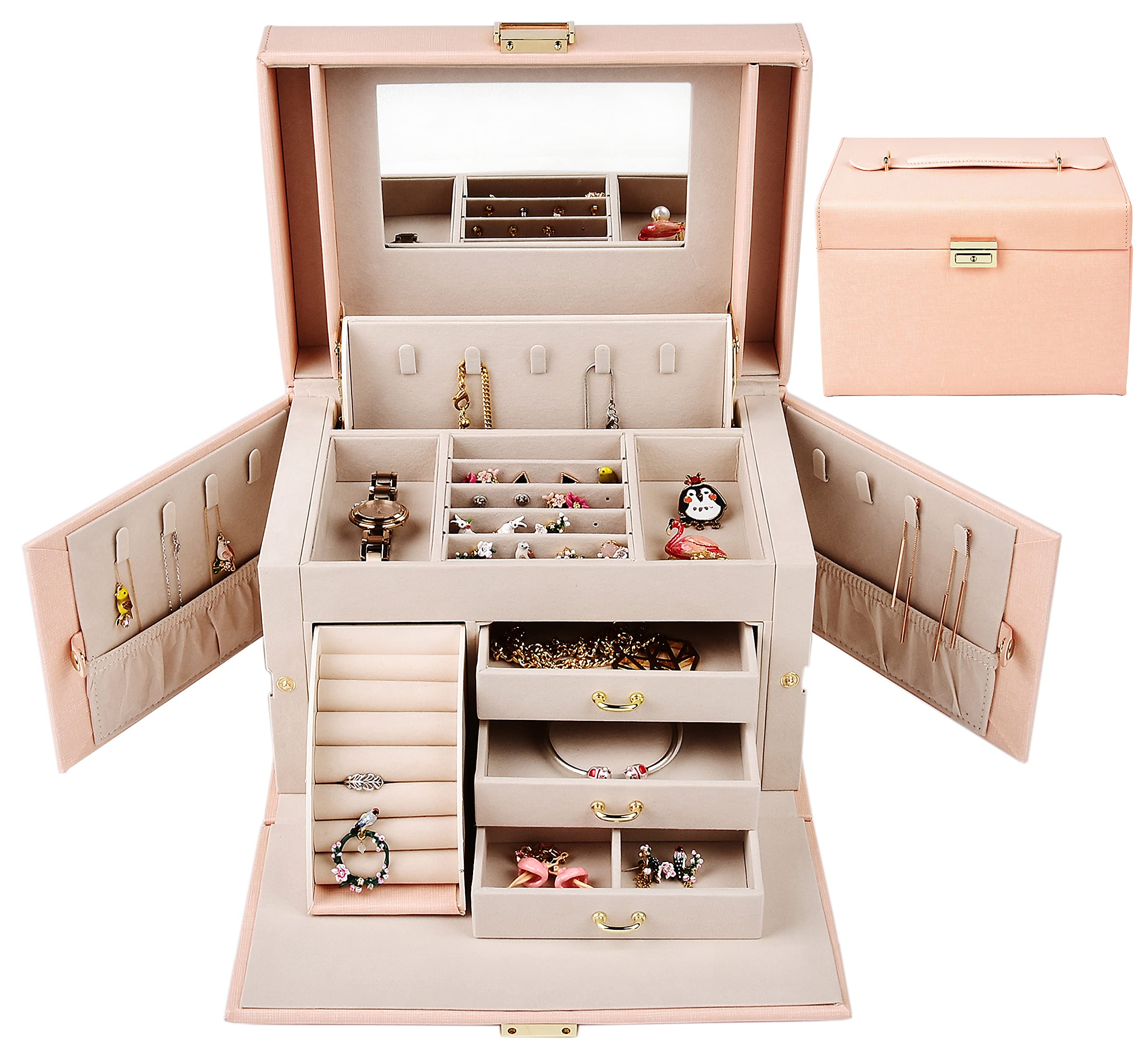 Luxury Jewelry Box with Lock & Mirror - Elegant Storage Case for Earrings, Necklaces, Rings - Perfect Gift for Women (Pink, Medium) | Ideal for Travel, Home Organization & Special Occasions