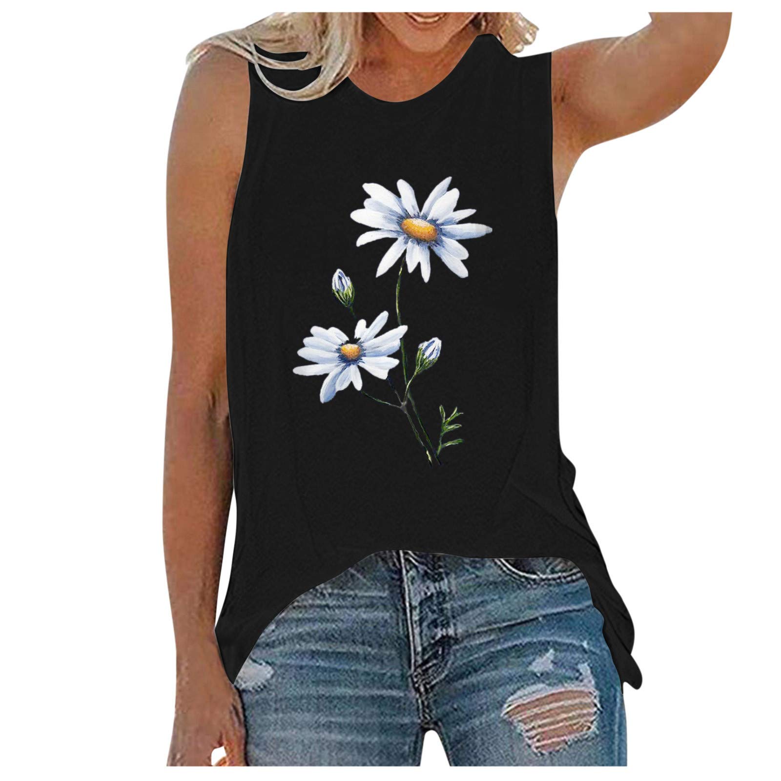 Women's Sleeveless V-Neck Casual Tank Top - Floral Sunflower Printed Blouse for Summer | Perfect for Beach Outfits, Vacation Wear & Everyday Casual Style