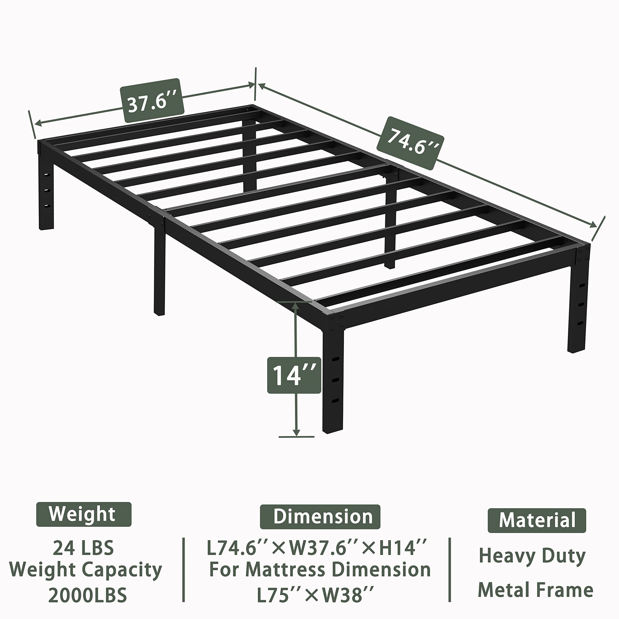 14 Inch Twin Bed Frame Metal - Heavy Duty Platform Bed Frame for Twin Size, Easy Assembly, No Box Spring Needed - Perfect for Kids Rooms, Guest Rooms & Small Spaces