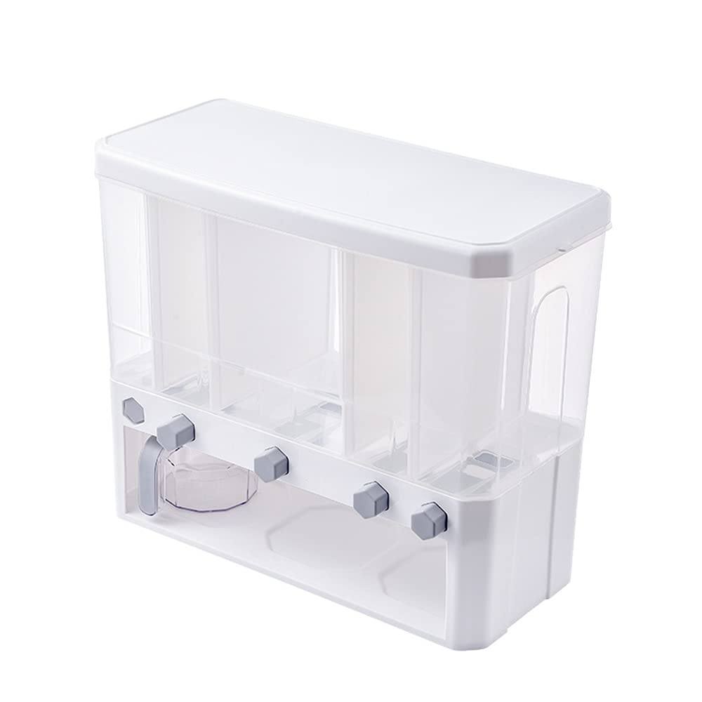 Clear Plastic 5-Grid Cereal Dispenser with Lid - Dry Food Storage Container for Rice, Cereal, Pasta - Perfect for Kitchen Pantry Organization (White)