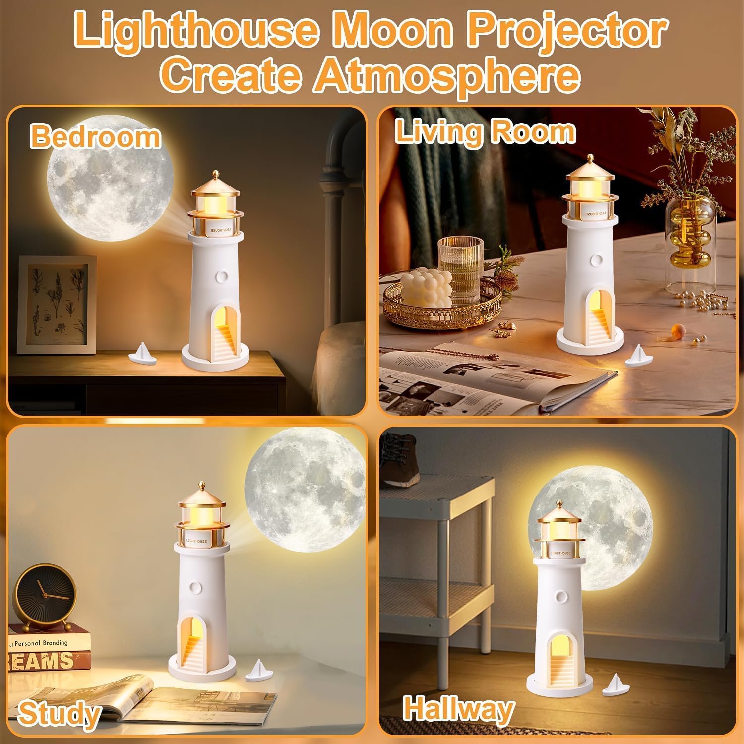 LED Moon Lighthouse Lamp with Human Body Sensor - Moonlight Projector, Starry Sky Night Light for Kids, Ideal for Bedroom, Living Room & Desk - Perfect Lighthouse Gift for Relaxation & Nursery Decor