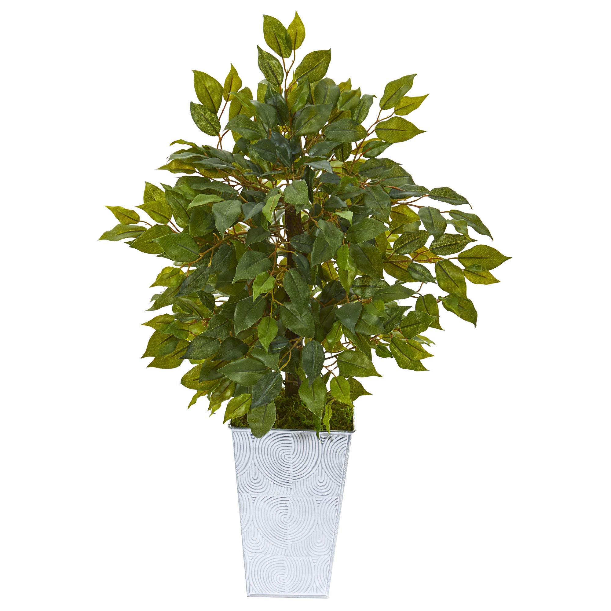 Nearly Natural 17in Mini Faux Ficus Tree in White Embossed Planter - Realistic Silk Artificial Plant for Home Office Decor, Indoor Greenery & Housewarming Gifts