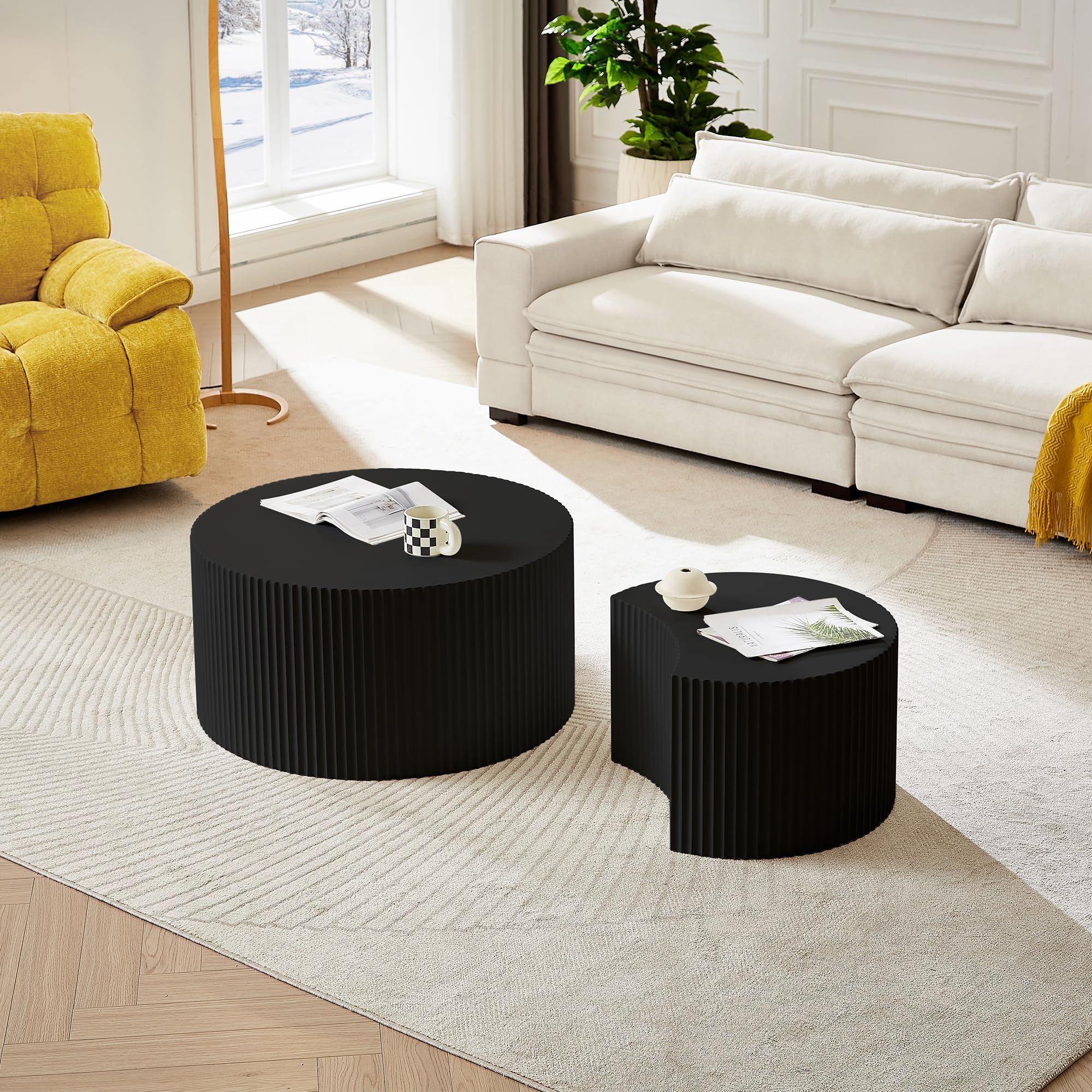 JUSTONE Set of 2 Modern Round Nesting Coffee Tables - Wood Accent Side End Tables for Living Room, Bedroom & Entryway - No Assembly Required (Black) | Perfect for Small Spaces, Apartments & Cozy Home Decor