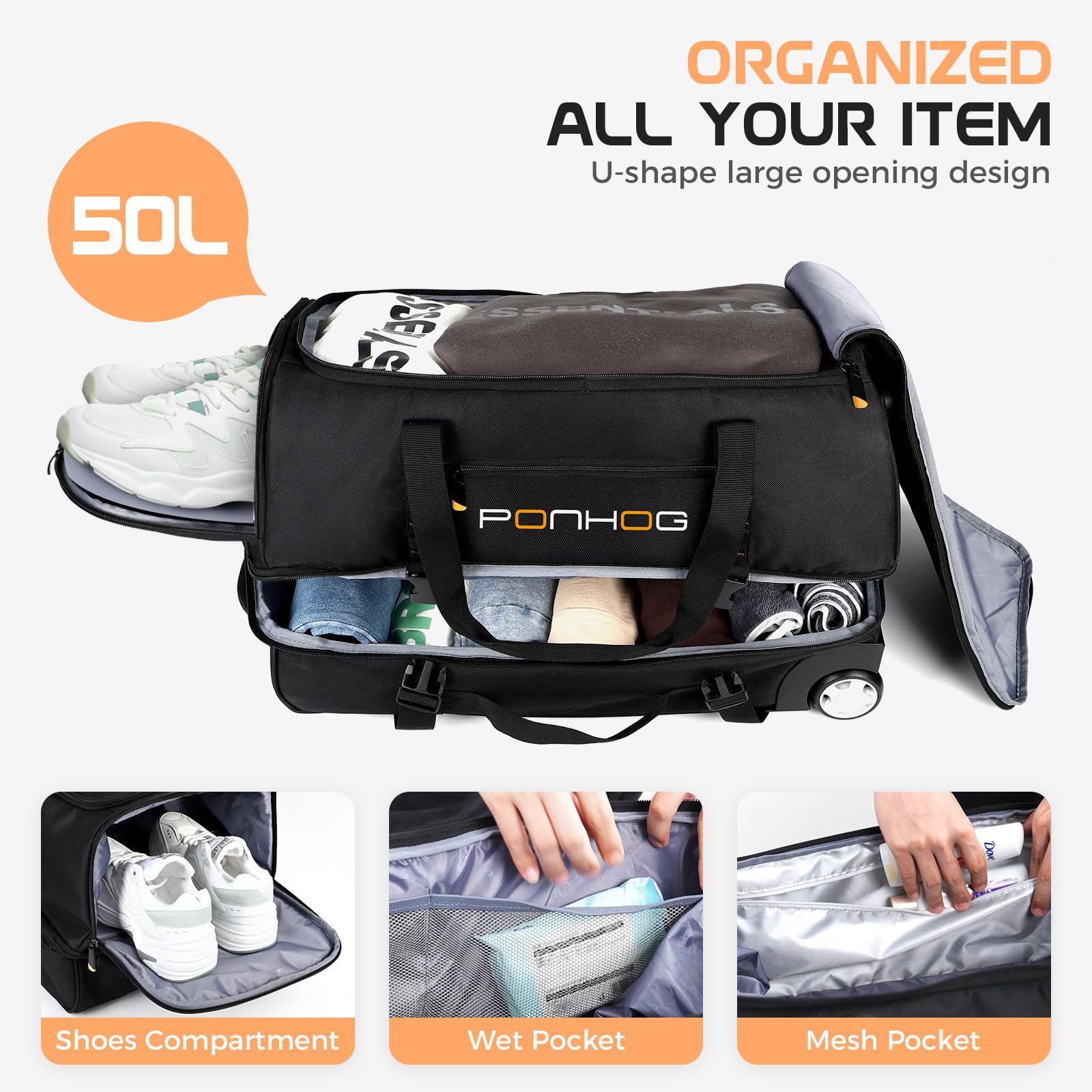 50L Large Rolling Duffle Bag with Wheels & Shoe Compartment - Water Resistant Wheeled Travel Duffel for Gym, Overnight Trips & Weekend Getaways - Perfect for Air Travel, Sports Equipment & Business Trips (Black)