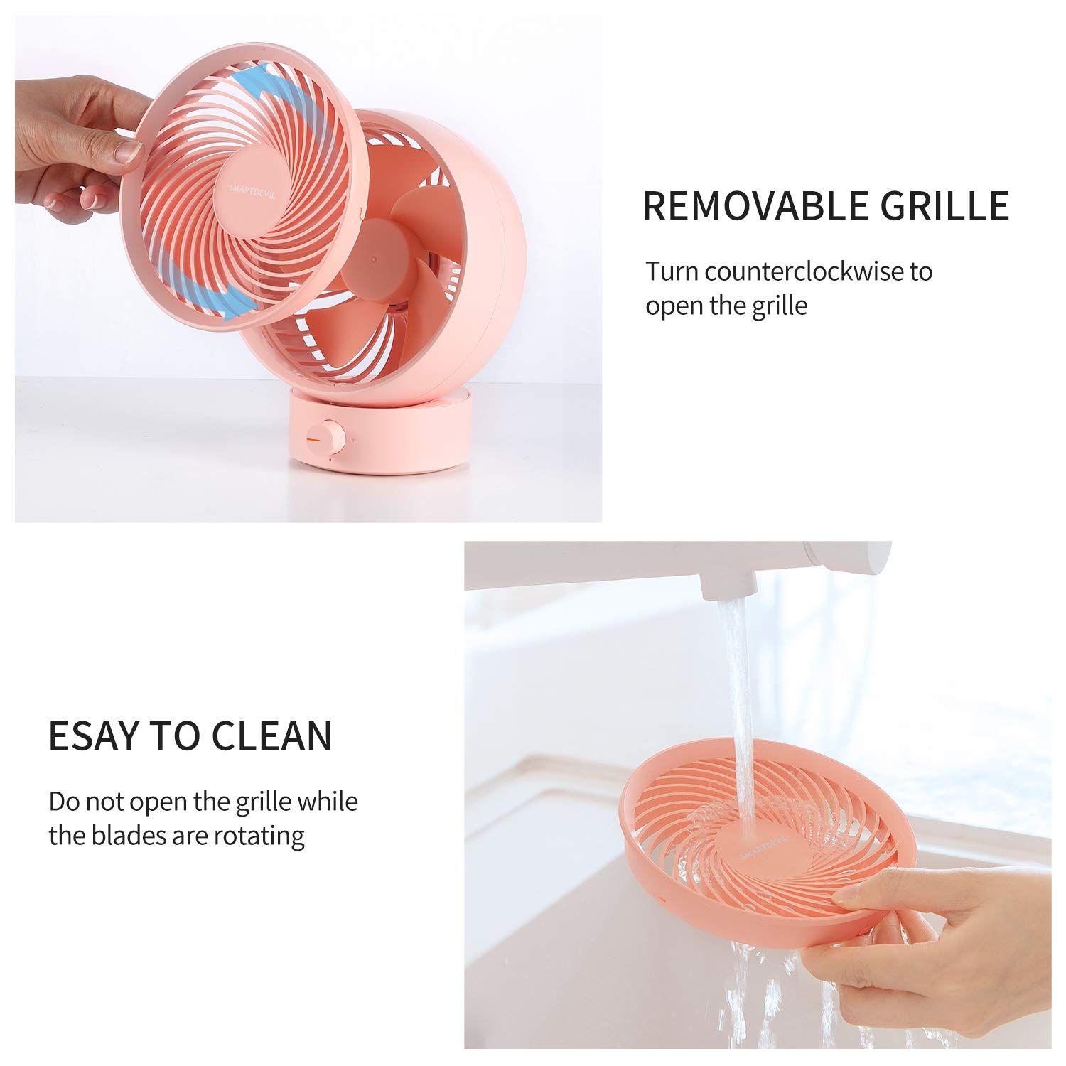 SmartDevil USB Desk Fan - Mini Quiet Portable Fan with Adjustable 20° Tilt & Stepless Speed Control - Low Noise USB Fan for Office, Home, Travel (Pink) - Perfect for Work Desks, Bedside Tables & Dorm Rooms