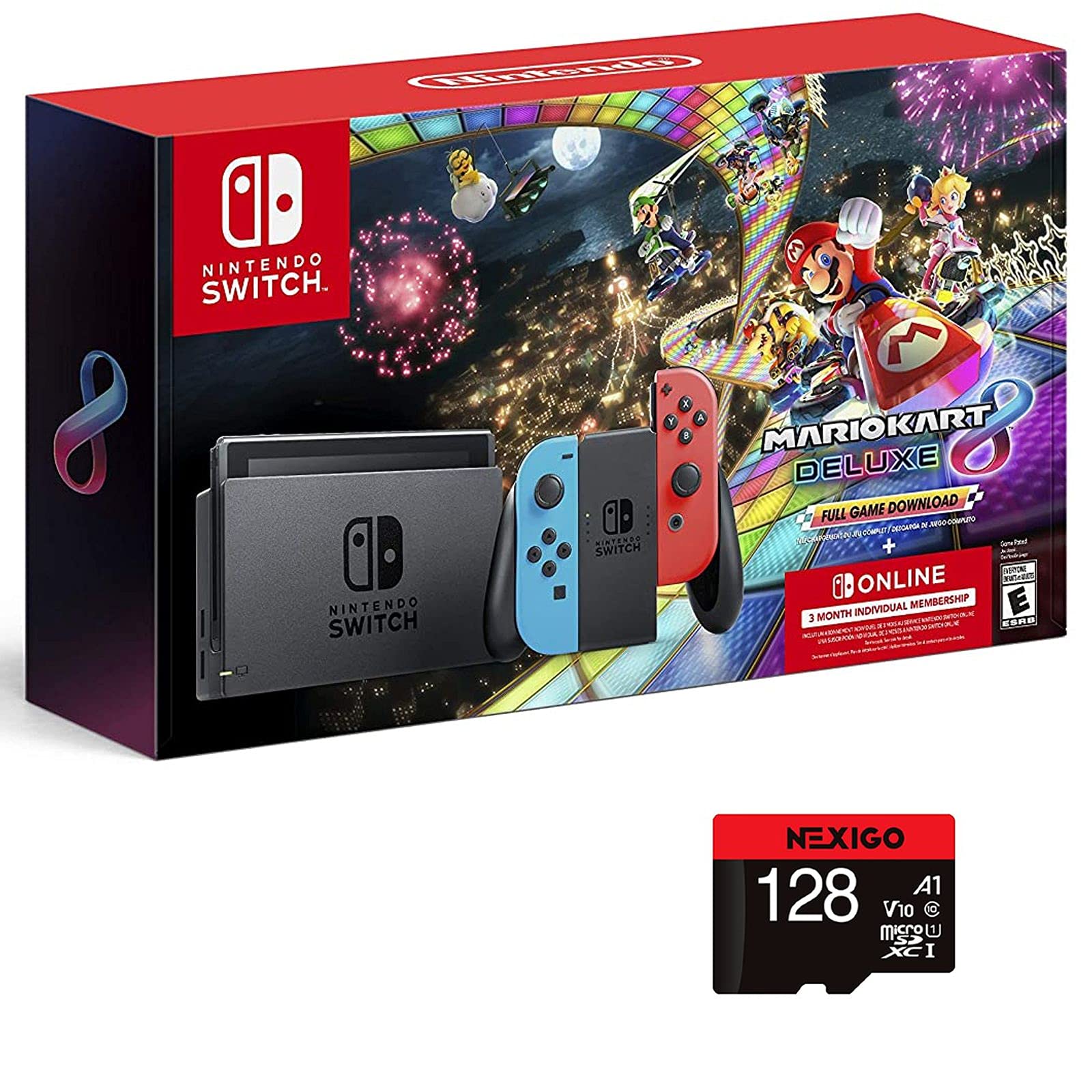 Nintendo Switch Mario Kart 8 Deluxe Bundle with 3-Month Nintendo Online Membership & 128GB MicroSD Card - Perfect for Family Game Nights & Portable Gaming