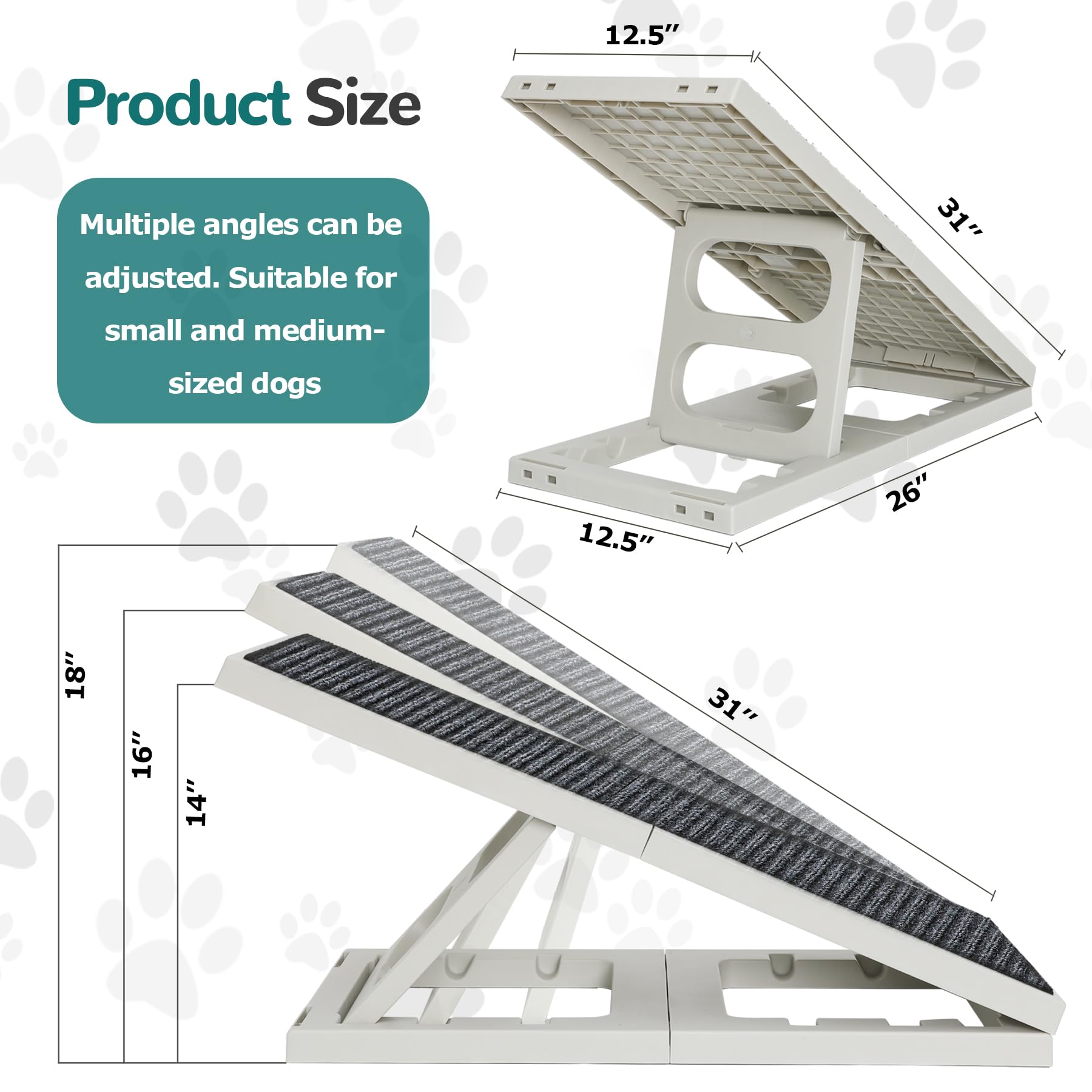 Foldable Indoor Dog & Cat Ramp for Small/Medium Pets - Adjustable Height Pet Stairs with Non-Slip Carpet - Perfect for Couches, Sofas, Beds & Chairs (Grey) - Ideal for Elderly Pets & Post-Surgery Recovery