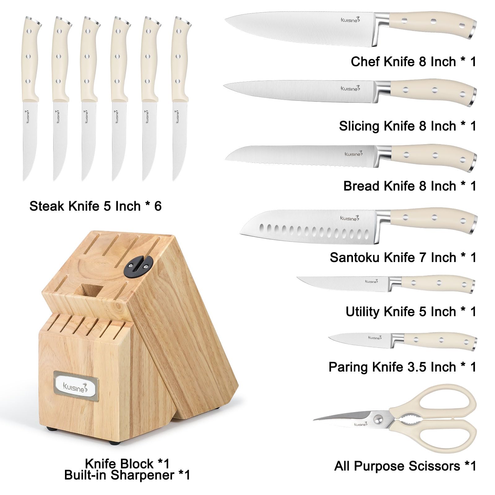 Premium Kuisine 15-Piece Chef Knife Set - High Carbon Stainless Steel Kitchen Knives with Ergonomic Handle & Built-in Sharpener - Professional Knife Block Set for Home Chefs & Cooking Enthusiasts - Perfect for Slicing, Dicing, and Food Preparation