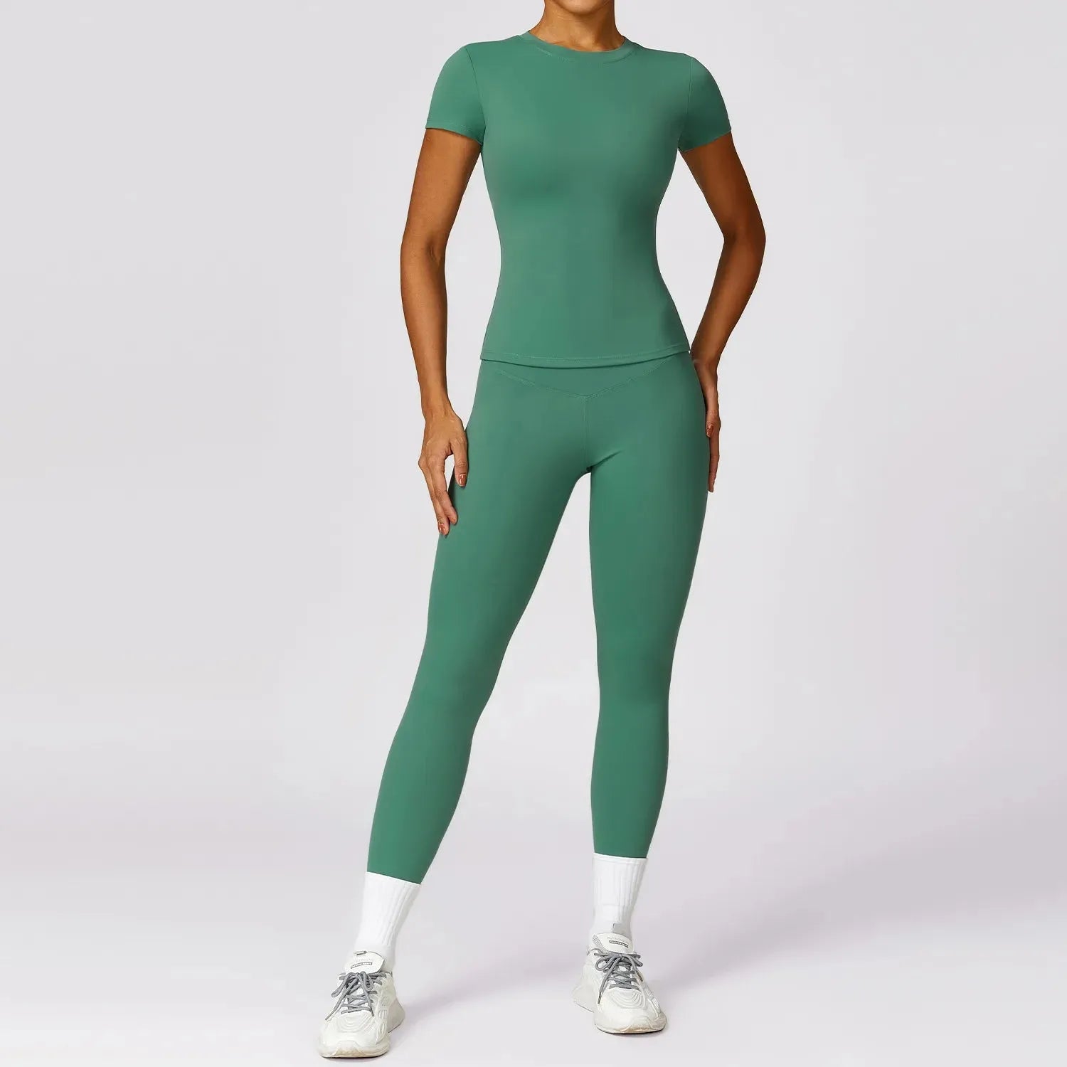 Women's 2-Piece Yoga Set - Short Sleeve Sports Bra & High Waist Gym Leggings - Workout Outfit for Fitness, Yoga & Activewear | Perfect for Gym, Running & Home Exercise