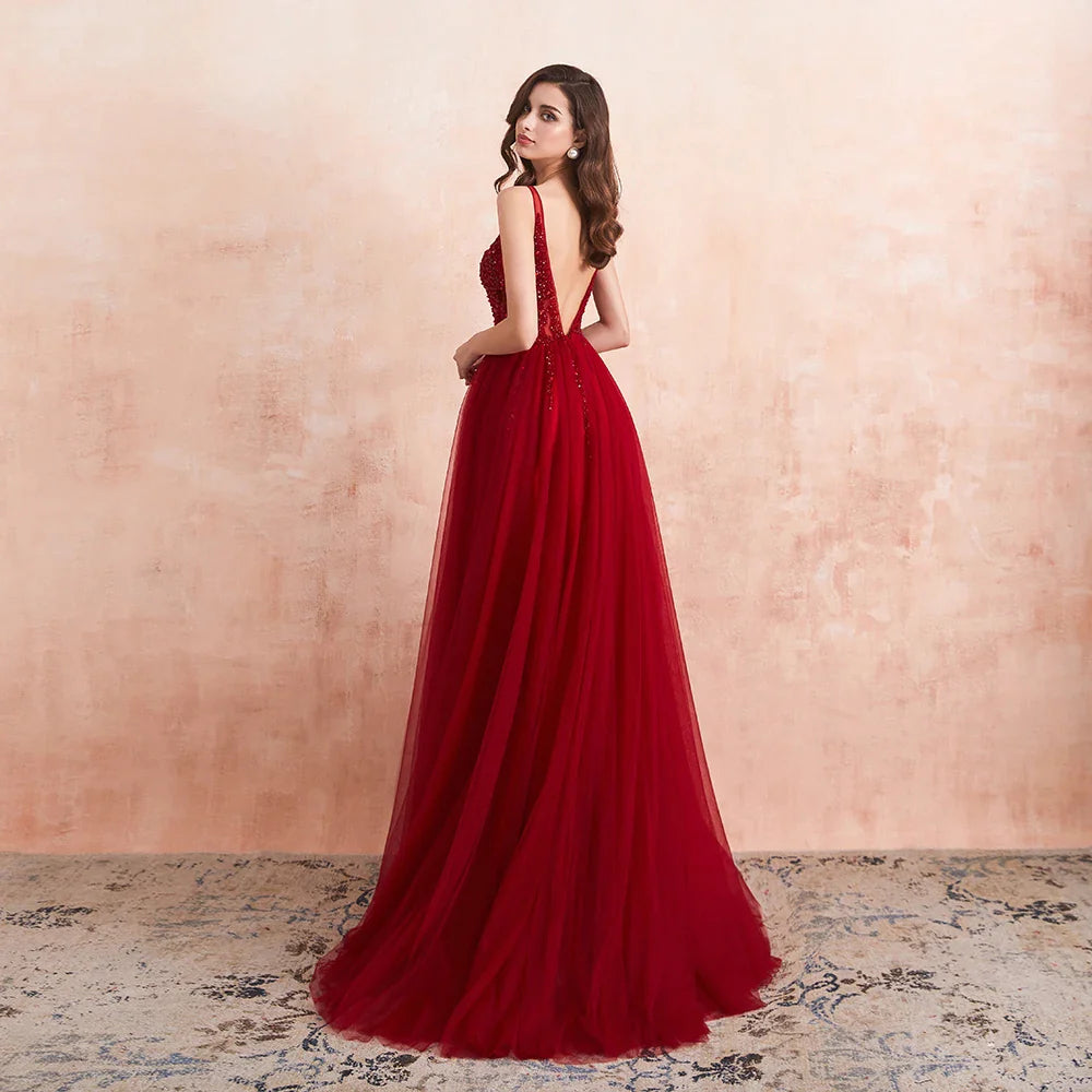 Elegant Beaded Prom Dresses - Long Sexy V-Neck High Slit Tulle Evening Gown with Sweep Train | Sleeveless A-Line Backless Formal Dress for Homecoming, Wedding, Party & Special Occasions