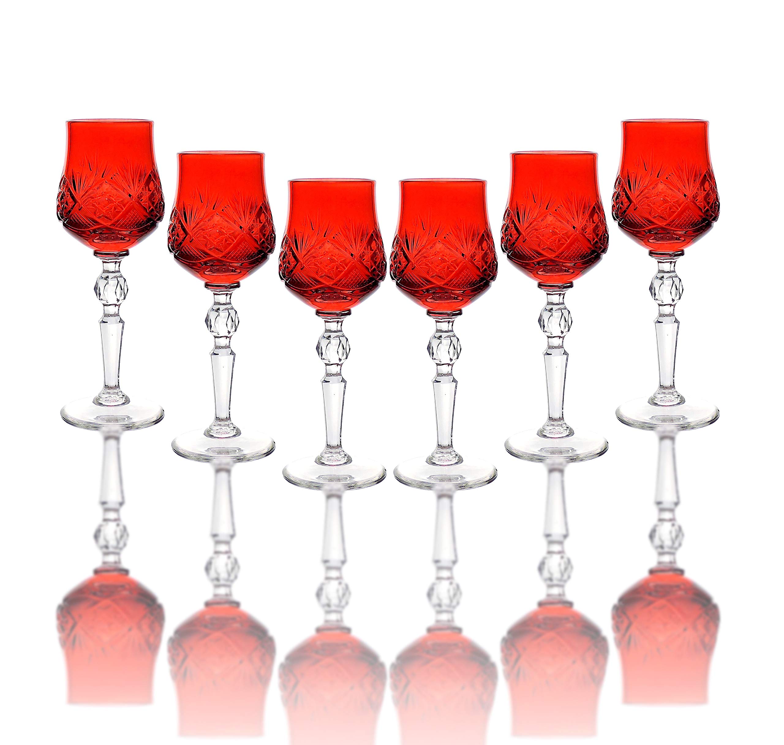 Premium Handmade Crystal Cordial Shot Glasses Set of 6 - 2.25 Oz Red Stemmed Vodka & Liqueur Glasses (Neman WG7841RC-X) - Perfect for Cocktail Parties, Home Bars, and Elegant Entertaining