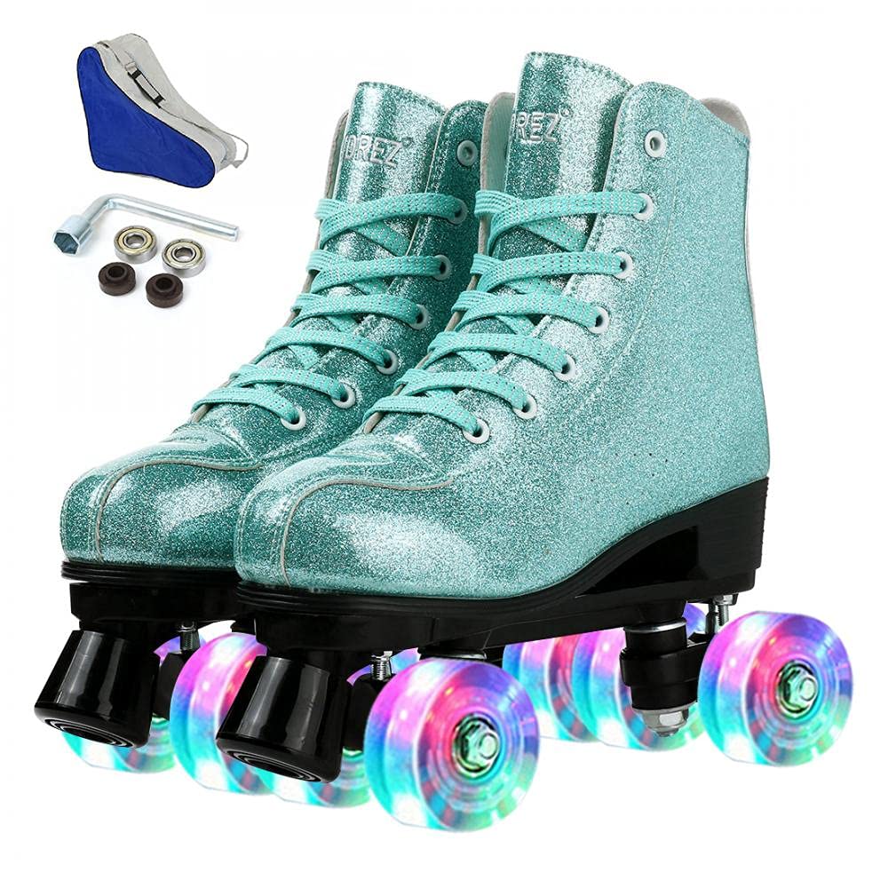 YYW Women's Shiny PU Leather High-Top Roller Skates with Shoe Bag - Adjustable Quad Skates for Youth & Adults - Perfect for Indoor Rinks, Outdoor Trails & Roller Disco Parties