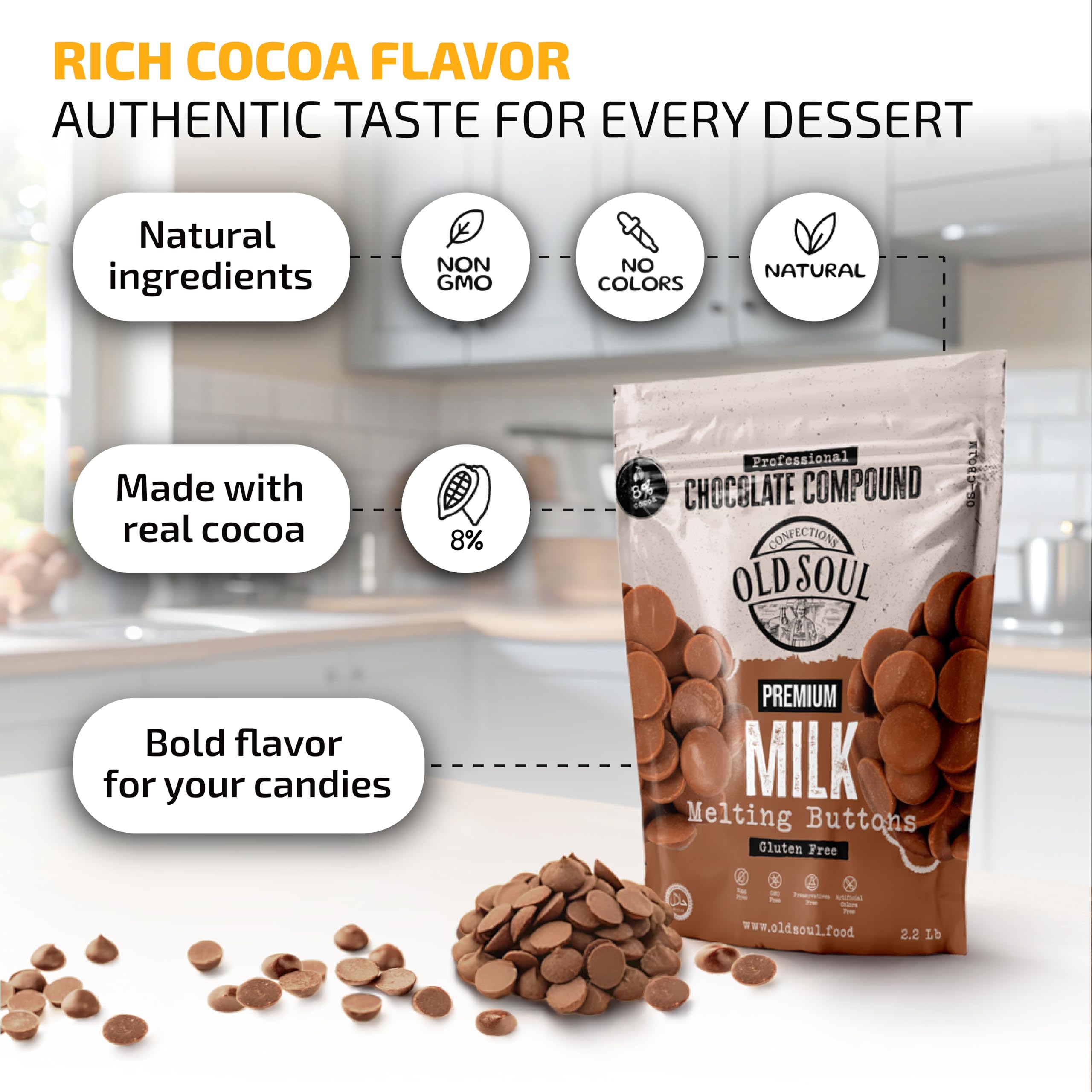OldSoul Milk Chocolate Compound Buttons 2.2 lb (1 kg) - 8% Real Cocoa for Baking, Candy Making & Desserts - Smooth Melting Chocolate Chips for Cookies, Cakes & DIY Treats - Bulk Baking Supplies for Home Bakers & Professionals