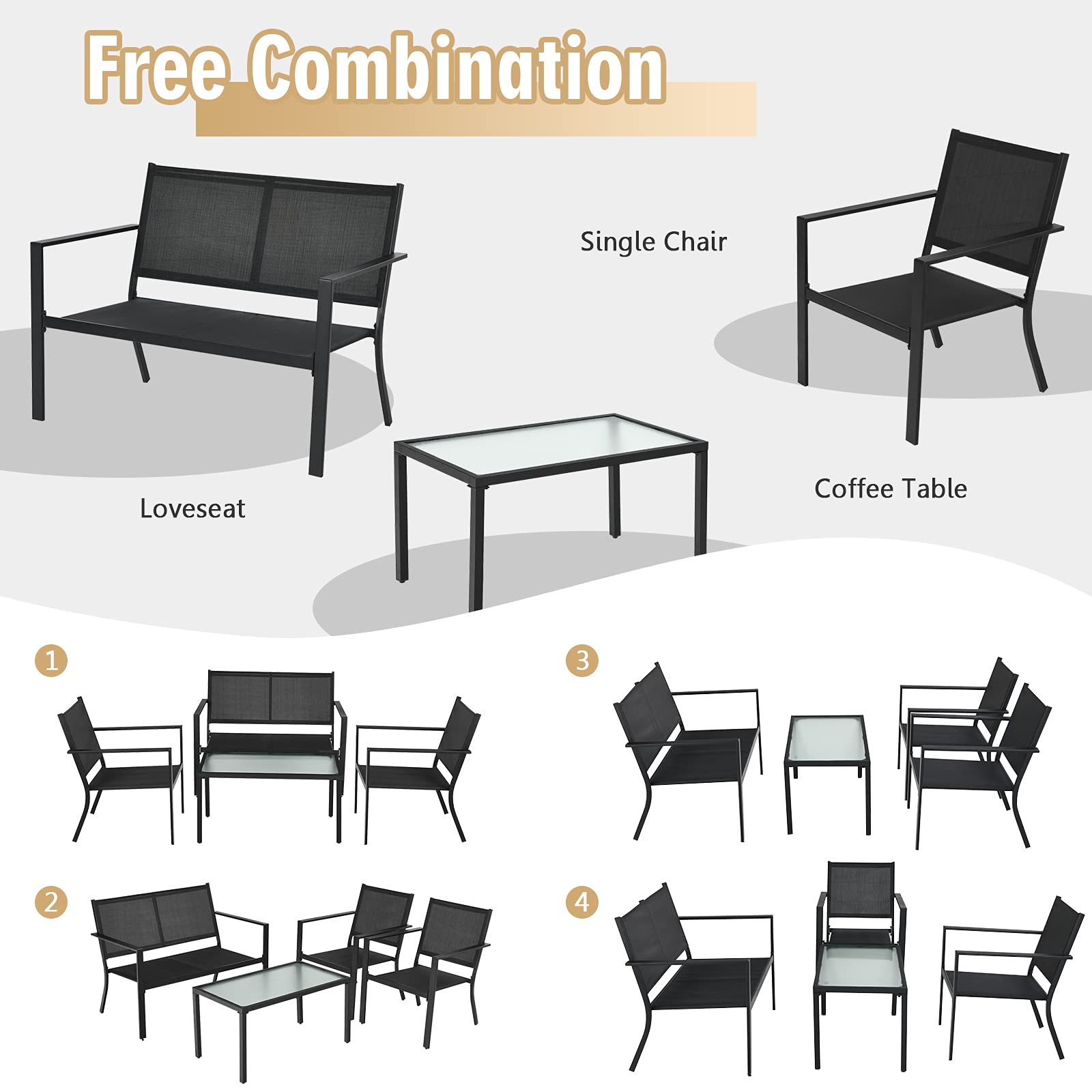Giantex 4-Piece Patio Furniture Set - Outdoor Conversation Set with Loveseat Bench, 2 Chairs & Tempered Glass Coffee Table - Bistro Dining Set for Porch, Lawn, Garden, Poolside - Perfect for Backyard Relaxation, Outdoor Entertaining & Summer Gatherings