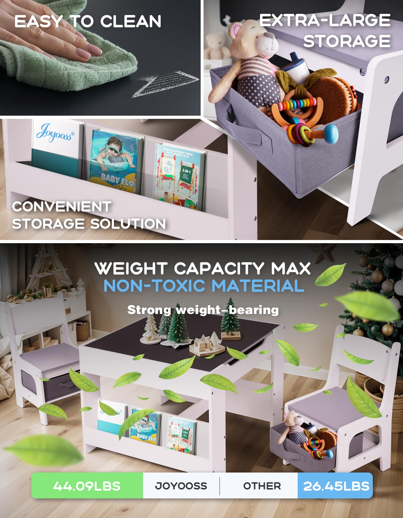 Joyooss 4-in-1 Wooden Kids Table and Chairs Set for Toddlers Ages 3-7, Adjustable Height Children's Study Desk with 2-in-1 Tabletop & Storage - Perfect for Playroom, Homeschooling, and Arts & Crafts Activities