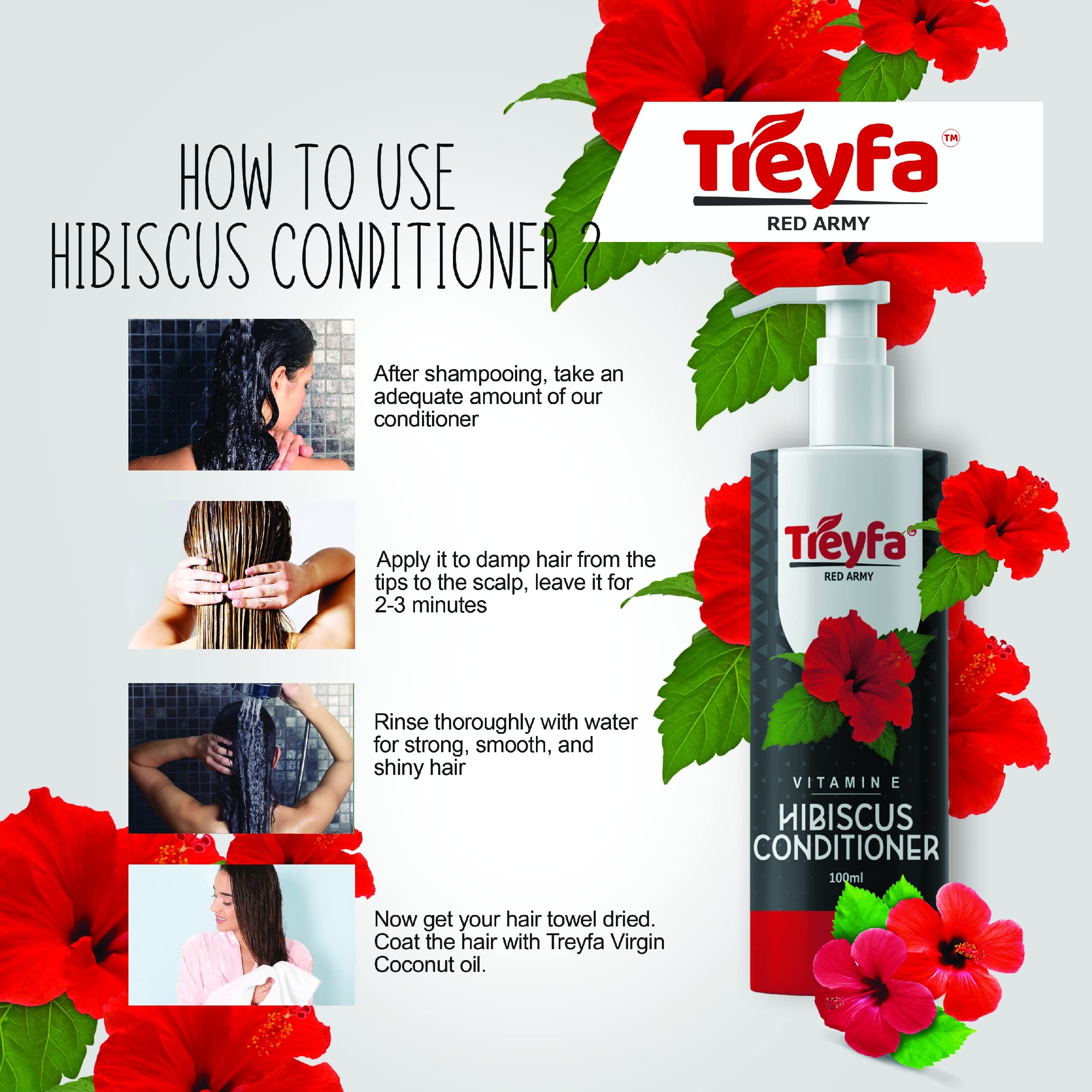 Treyfa Hibiscus Hair Growth Conditioner for Women & Men - Sulfate, Paraben & Silicone Free with Hibiscus, Amla, Onion & Vitamin E - 100ML | Promotes Hair Growth, Reduces Hair Fall & Deeply Nourishes - Perfect for Daily Use & Damaged Hair Care