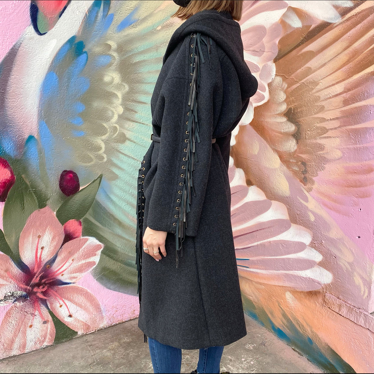 Chloe Charcoal Grey Wool Belted Coat with Leather Fringe - Women's Winter Trench Coat Size FR38 (S/M) for Office, Travel & Formal Occasions