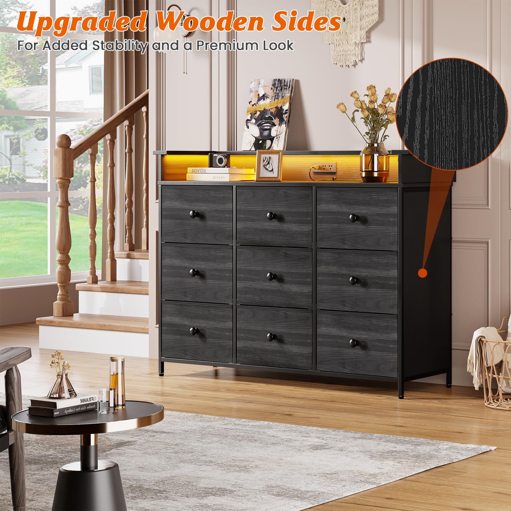 Nicehill 9-Drawer Dresser with LED Lights - Modern Black Wood Grain Fabric Chest for Bedroom, Living Room, TV Stand or Hallway Entryway Storage - Perfect for Organizing Clothes, Electronics & Home Decor