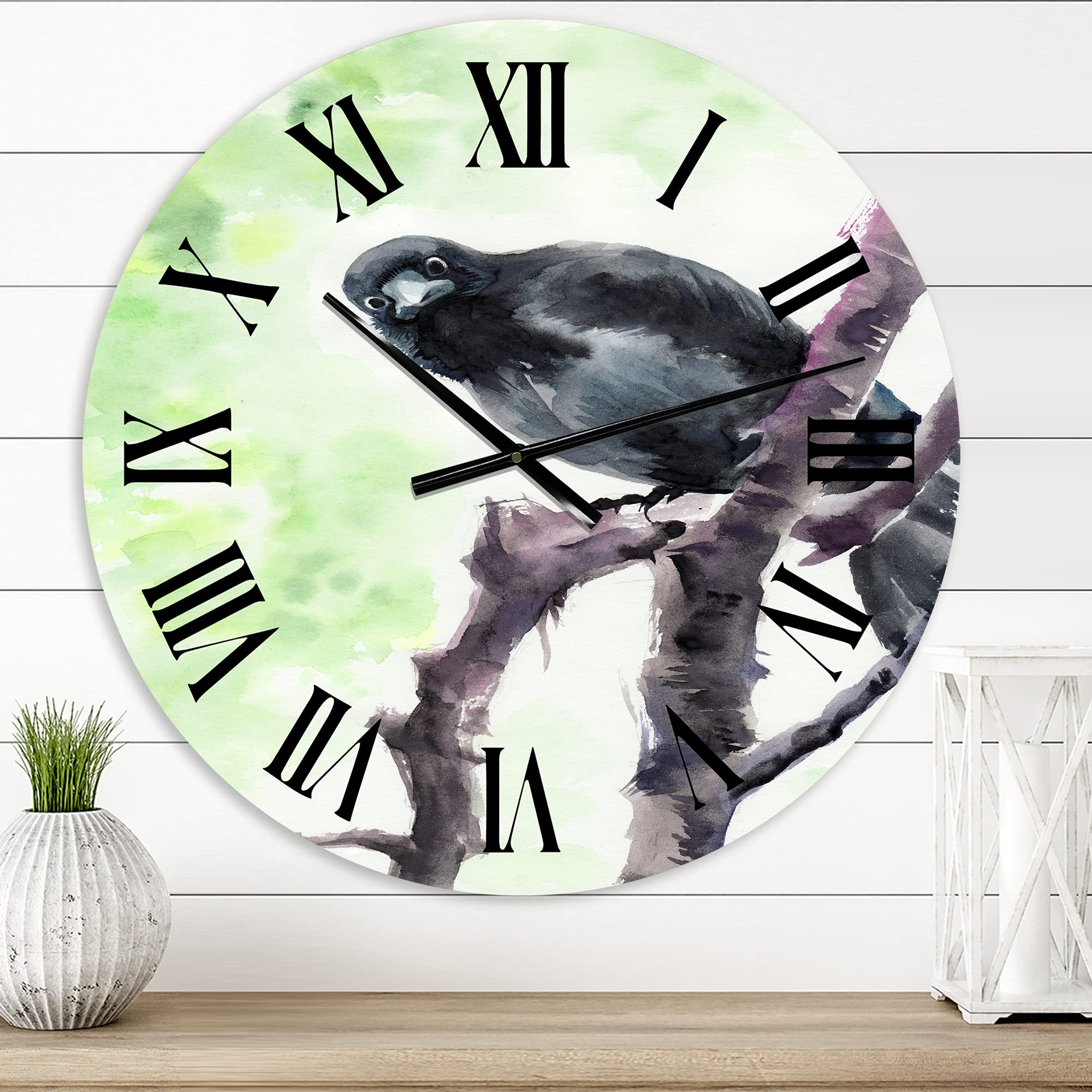 DesignQ Traditional 'Curious Crow On A Branch' Large Wall Clock - Vintage Animal Decor for Kitchen, Living Room, Bedroom & Office - Silent Non-Ticking Home Decoration