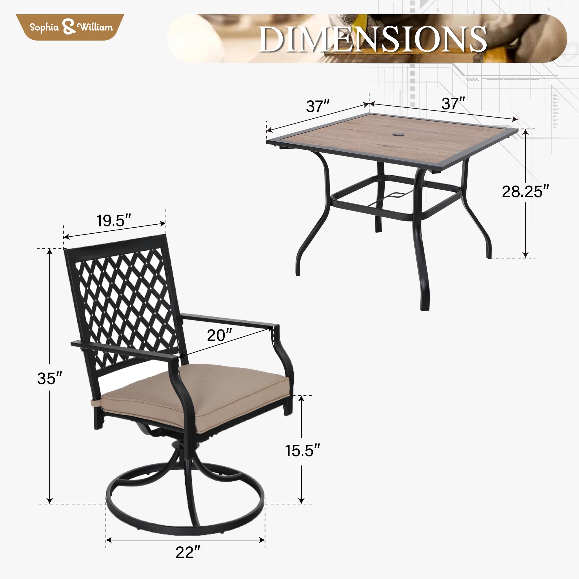Sophia & William 5-Piece Outdoor Patio Dining Set with 4 Swivel Chairs & 37