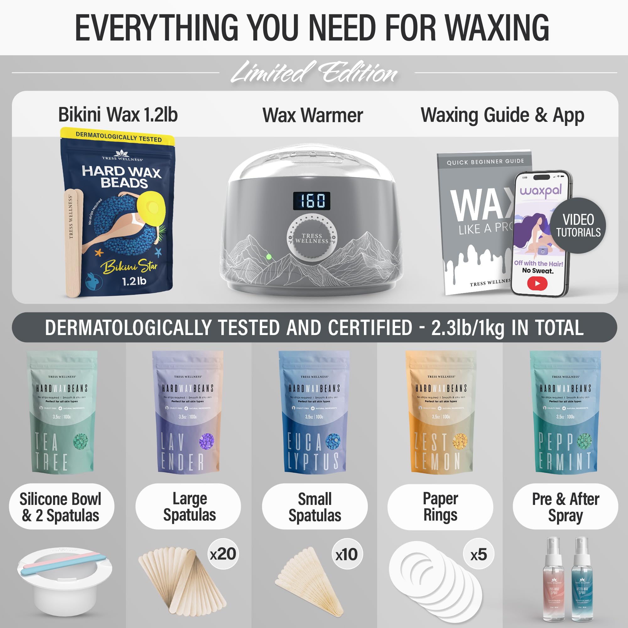 Tress Wellness Grey Wax Warmer Kit with White Melting Bowl & Bikini Wax Strips - Perfect for At-Home Hair Removal, Salon Waxing, and Smooth Skin Care