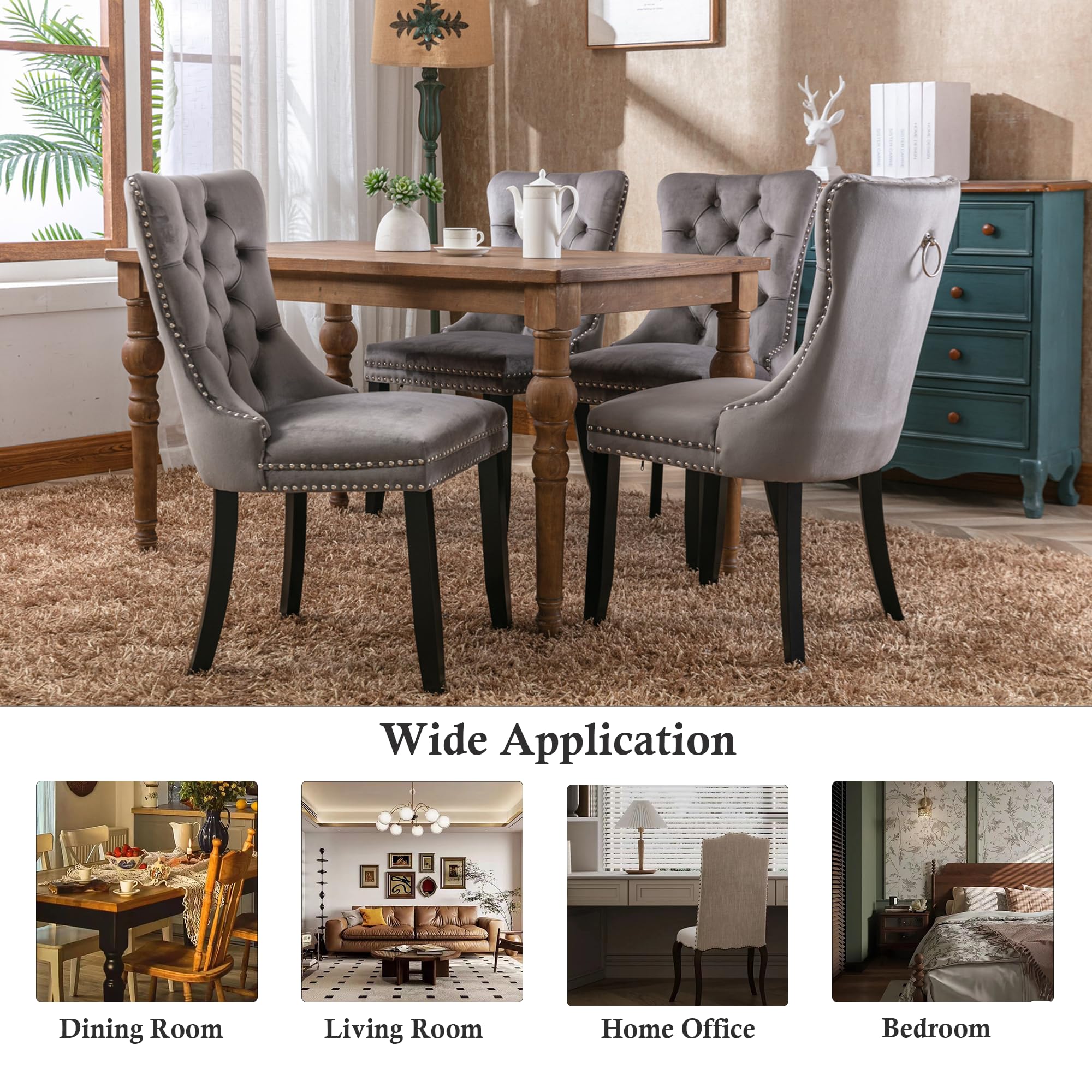 Rhomtree Set of 2 Velvet Dining Chairs - Luxury Tufted Back with Nailhead Trim & Ring Pull, Solid Rubberwood Legs (Grey/Black) for Kitchen, Dining Room & Home Decor
