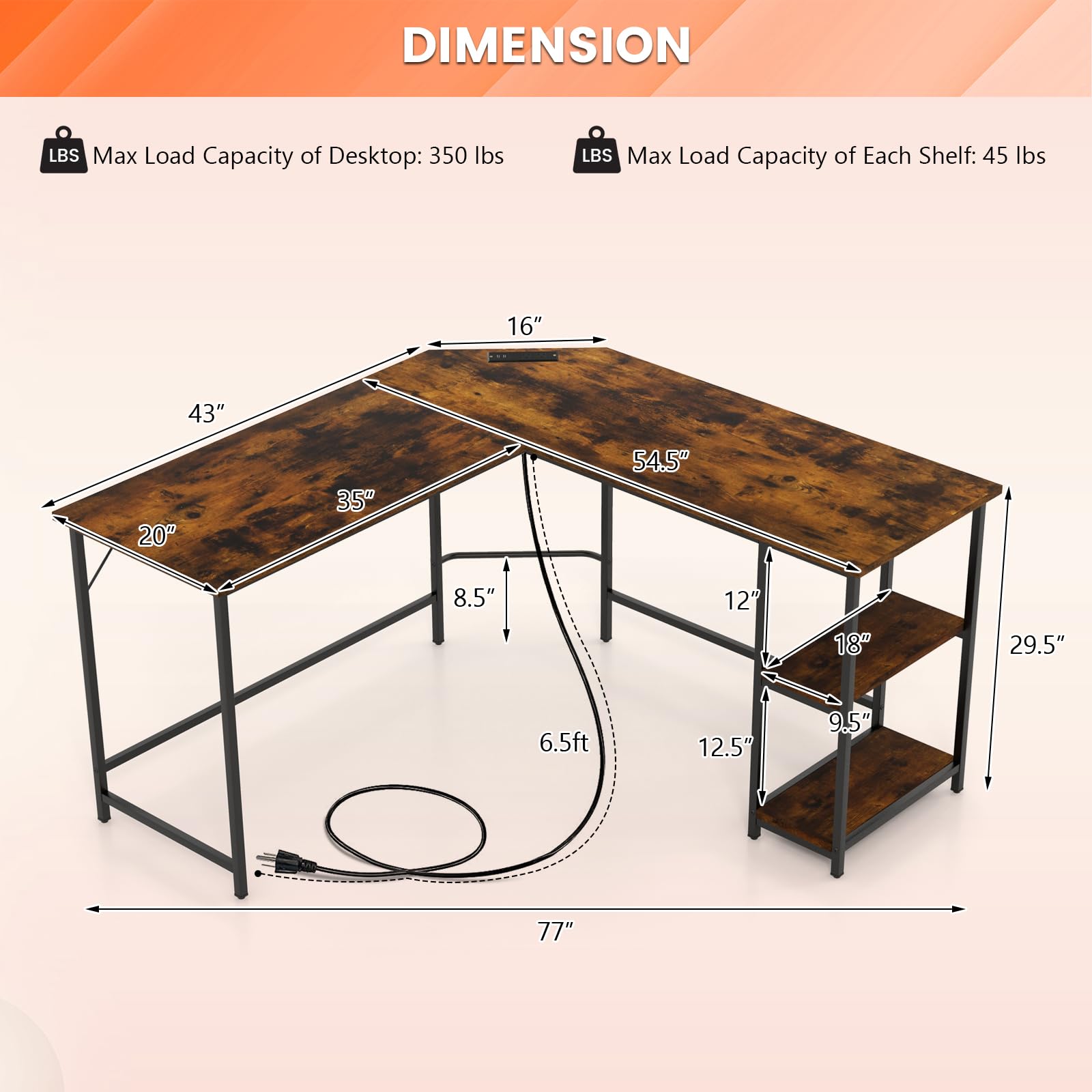 Tangkula L-Shaped Computer Desk with 2 Outlets & 2 USB Ports - Corner Home Office Desk, Study Writing Desk with Carbon Steel Frame, 2-Tier Shelf & Removable Shelf - Rustic Brown - Perfect for Small Spaces, Gaming Setup & Remote Work