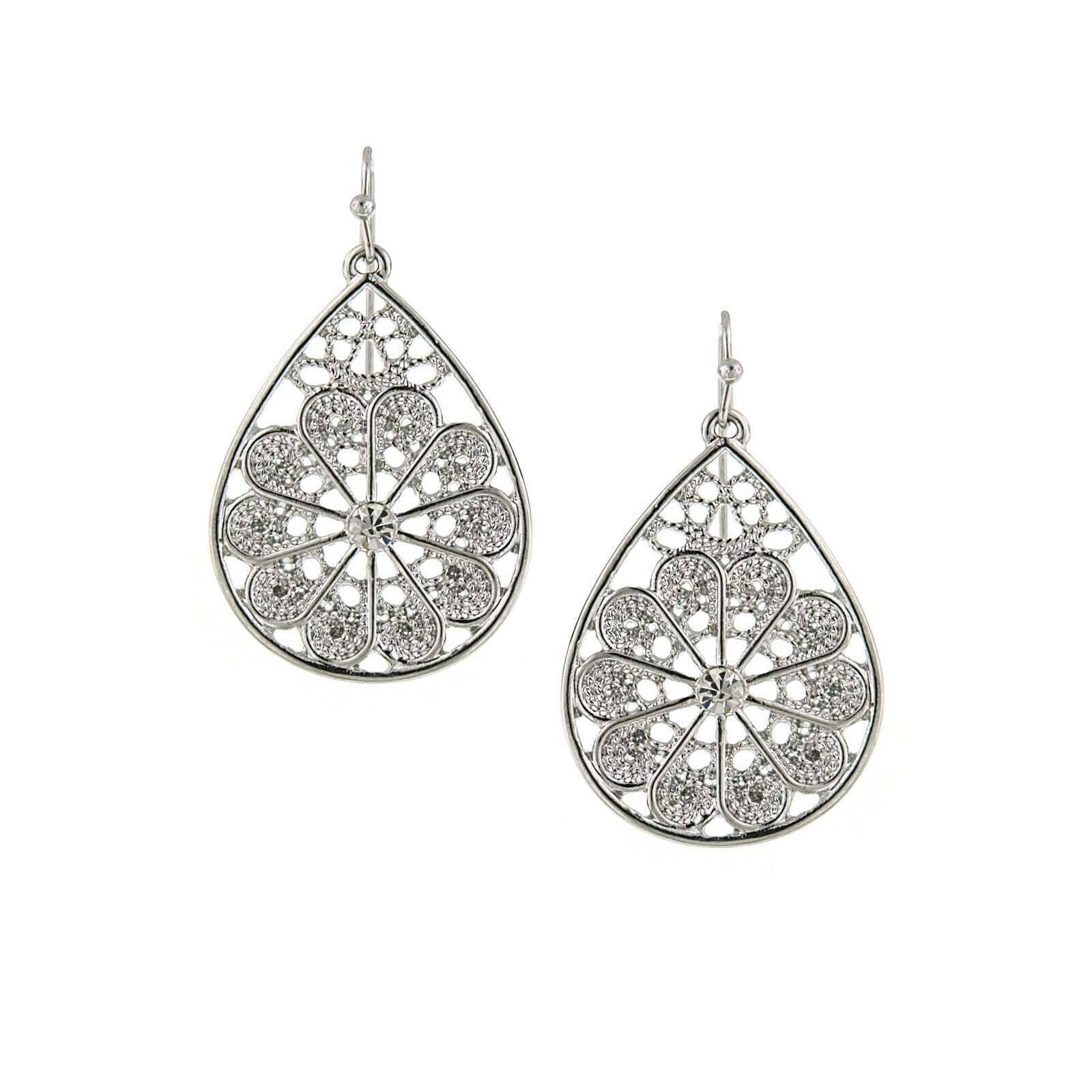 1928 Vintage Crystal Silver Teardrop Earrings - Elegant Filigree Dangle Earrings for Women, Perfect for Weddings, Parties & Special Occasions