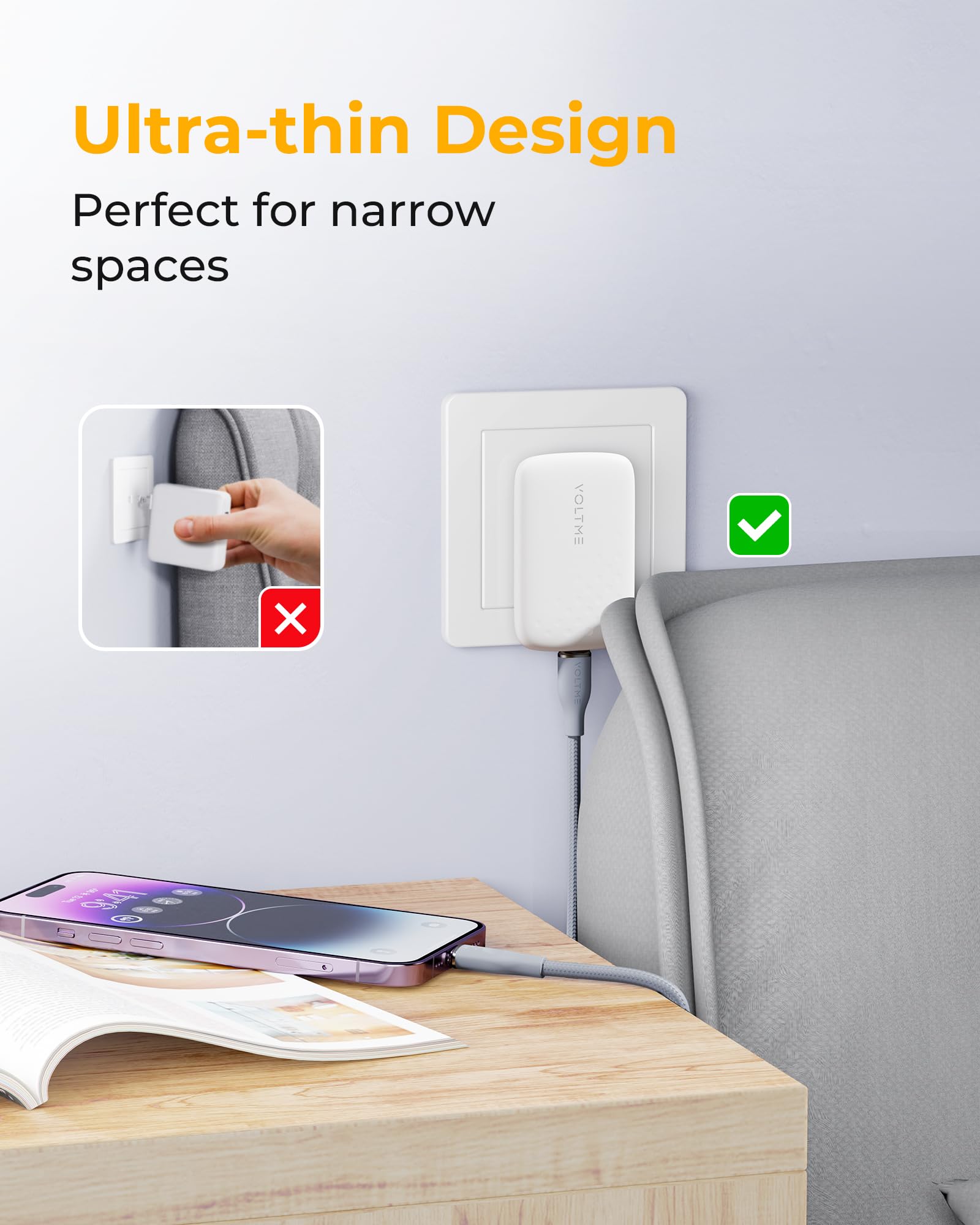 VOLTME 30W USB C Fast Charger - Ultra Slim Wall Charger with 3.3ft Cable & Foldable Plug - Compatible with iPhone 16/15/14/13/12, MacBook Air, iPad, Galaxy S24/S23/S22 - Perfect for Travel, Home & Office Charging