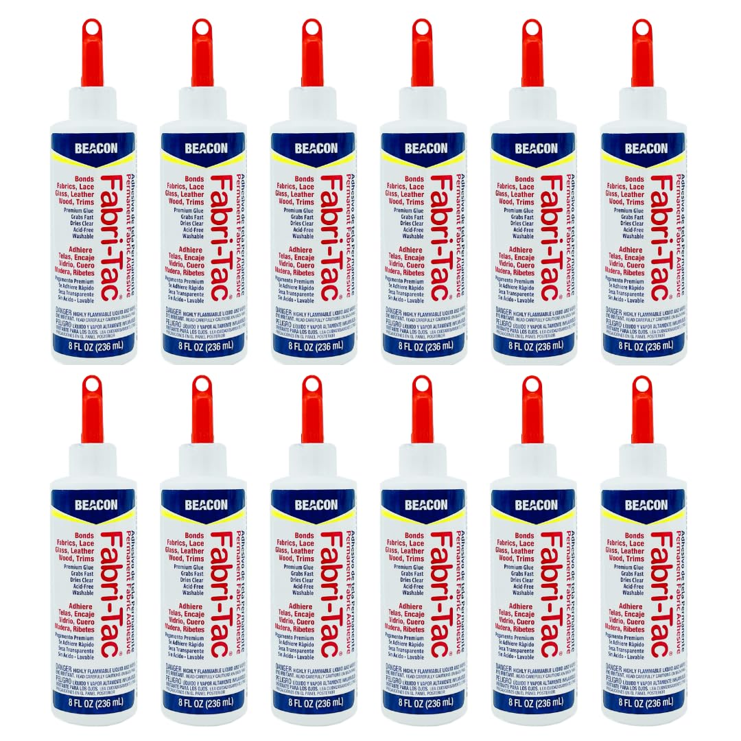 Beacon Fabri-Tac Permanent Fabric Adhesive Glue - 8 oz Bottle (12 Pack) - Strong Bond for Crafts, DIY Projects, Upholstery & Fabric Repair - Ideal for Home Decor, Quilting & Clothing Fixes