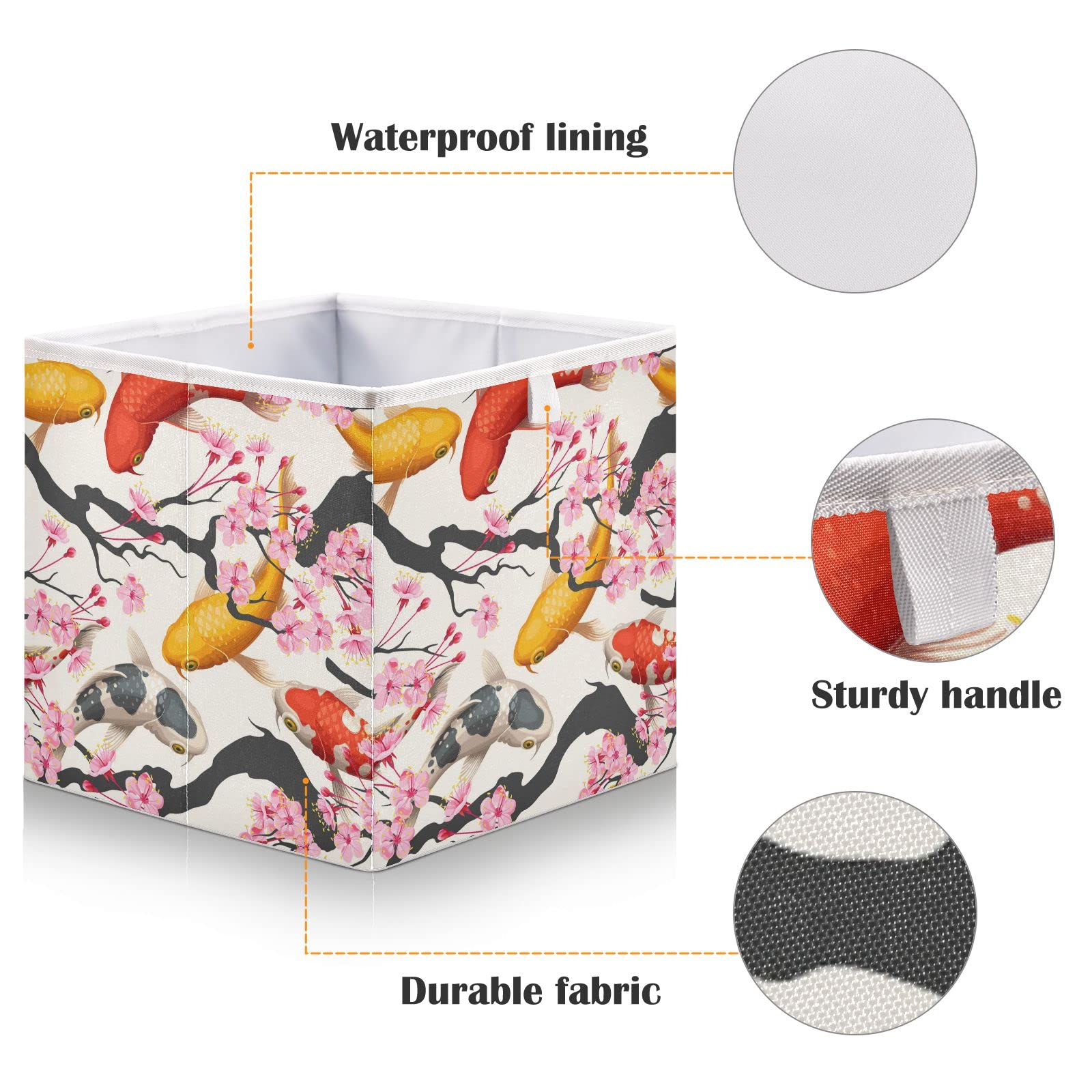 Japanese Cherry Blossom Print Foldable Storage Bins - Yellow & Red Fish Design Collapsible Fabric Cube Organizer with Handles for Nursery, Closet, Shelves - Perfect for Kids' Toys, Home Organization & Seasonal Decor