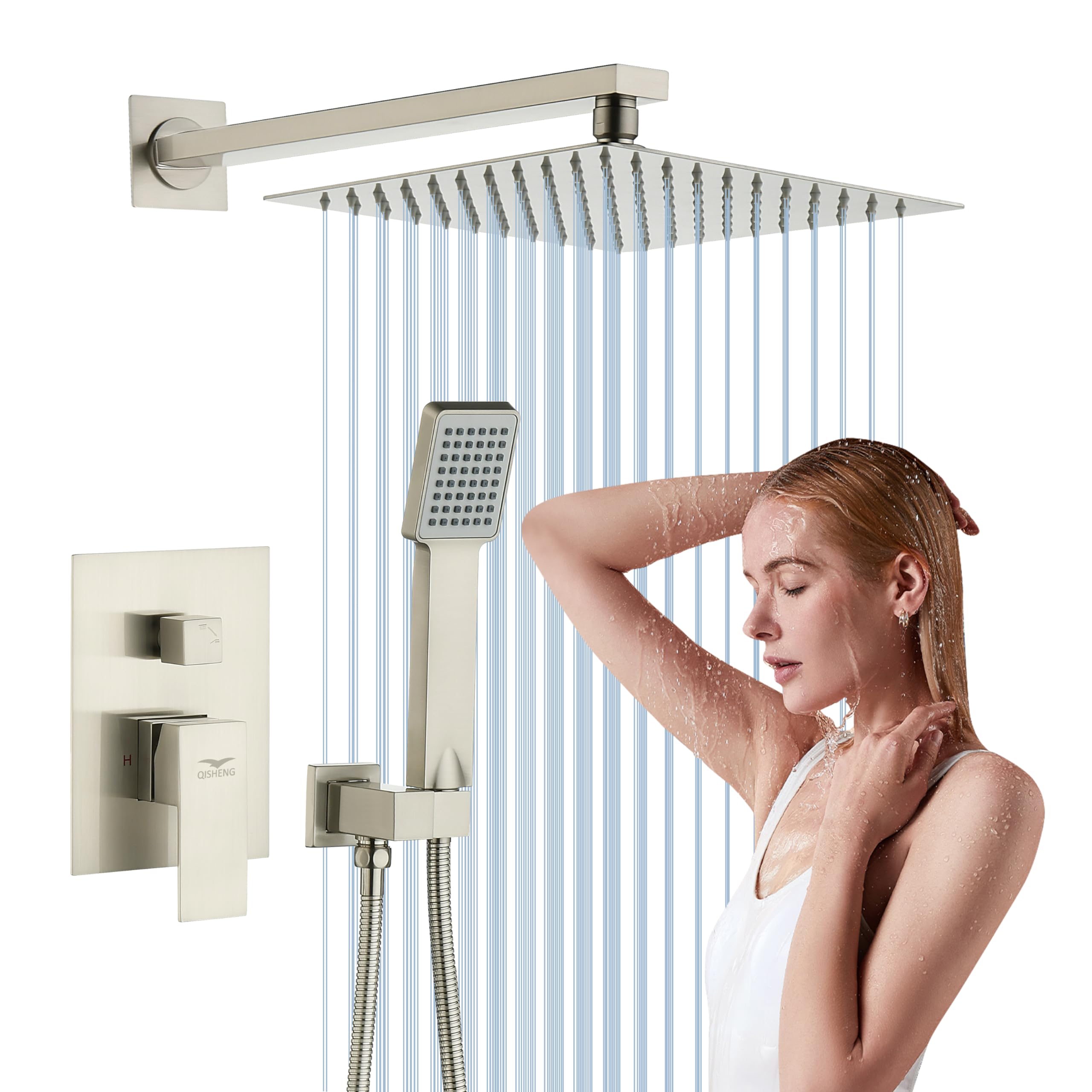 QISHENG 10 Inch Wall Mounted Rainfall Shower System - Brushed Nickel Pressure Balanced Shower Faucet Set with Handheld Sprayer - Perfect for Modern Bathroom Renovation & Spa-Like Shower Experience