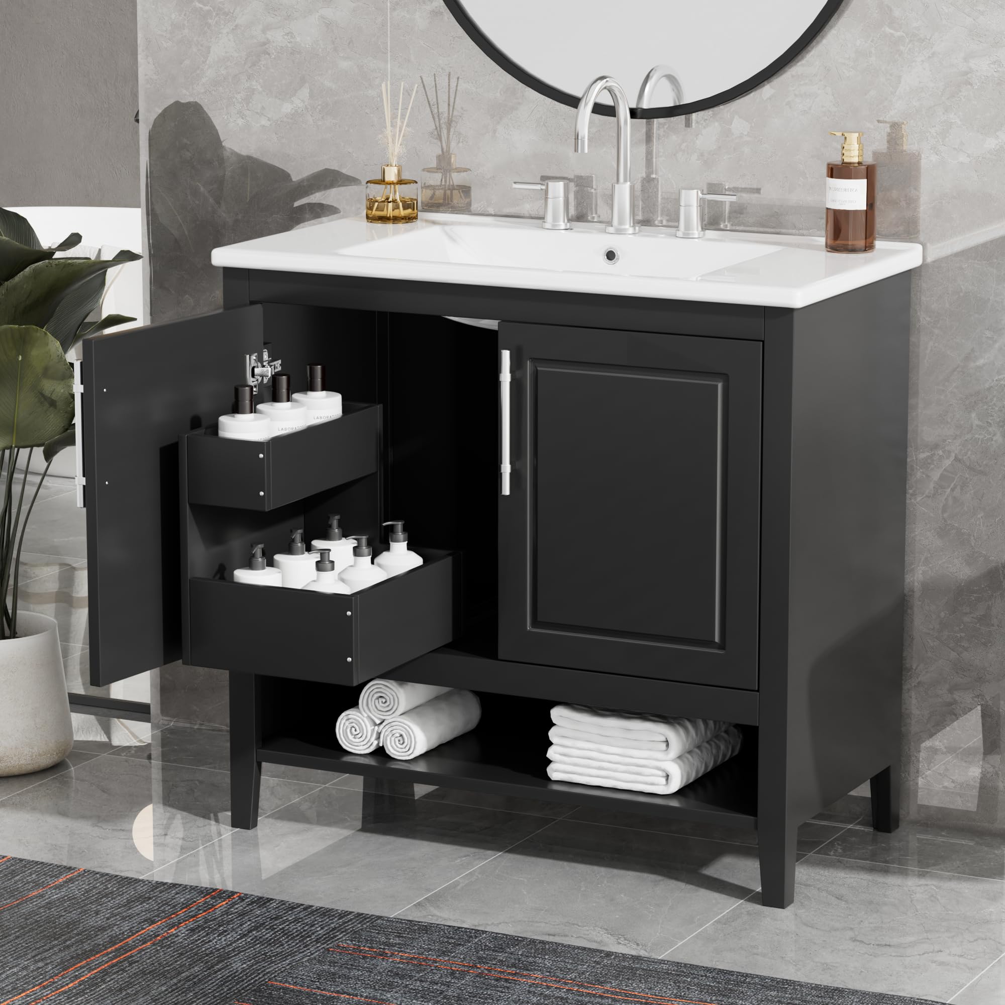 36 Inch Modern Bathroom Vanity with Ceramic Sink - Solid Wood Freestanding Vanity with 2 Pull-Out Drawers, Storage Racks & Open Shelf - Perfect for Small Bathrooms, Powder Rooms & Master Bath Suites