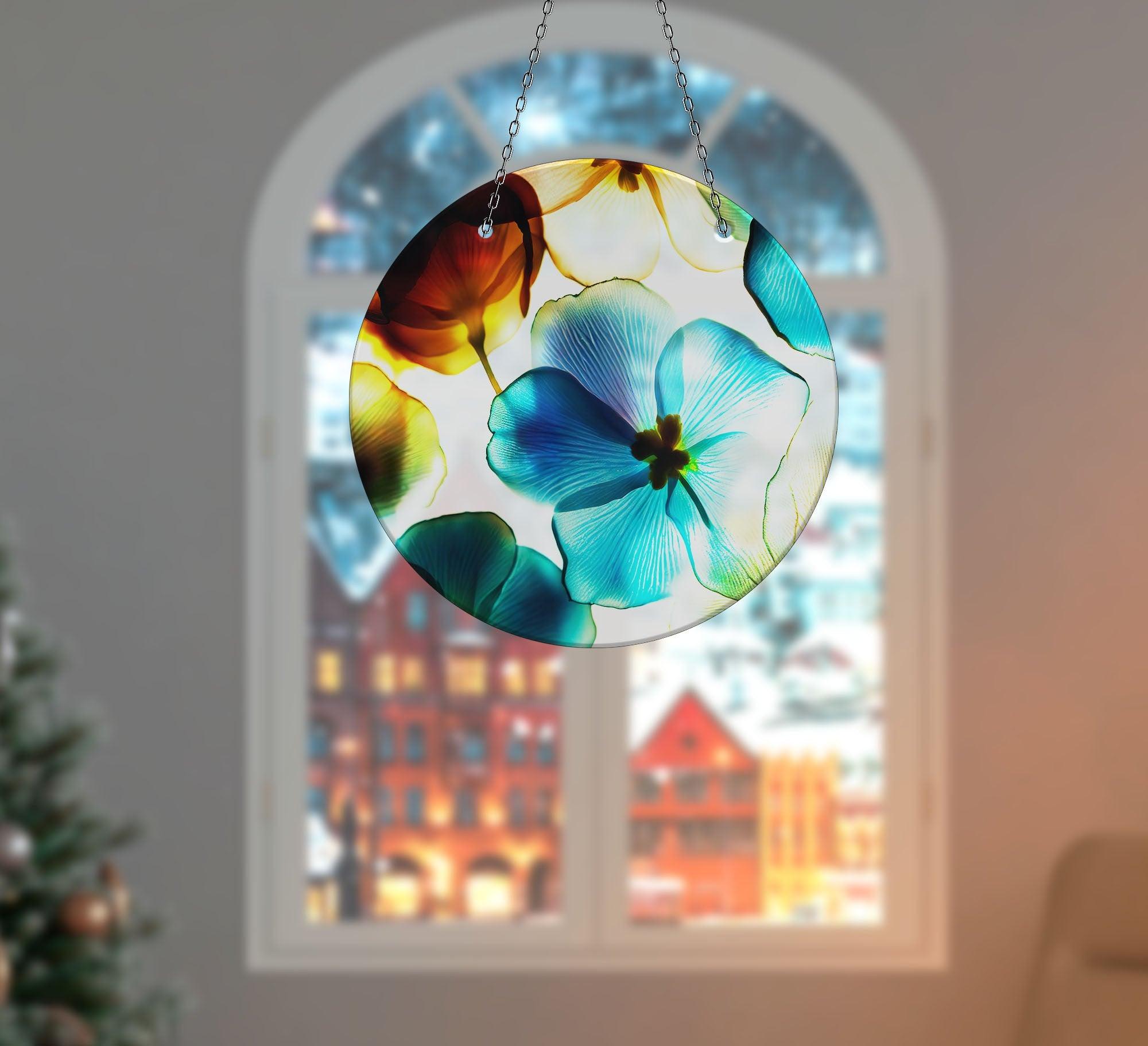 Vibrant Blue & Orange Flower Suncatcher - Handmade Stained Glass Window Decor for Home, Office & Garden - Perfect for Living Room, Bedroom & Outdoor Spaces