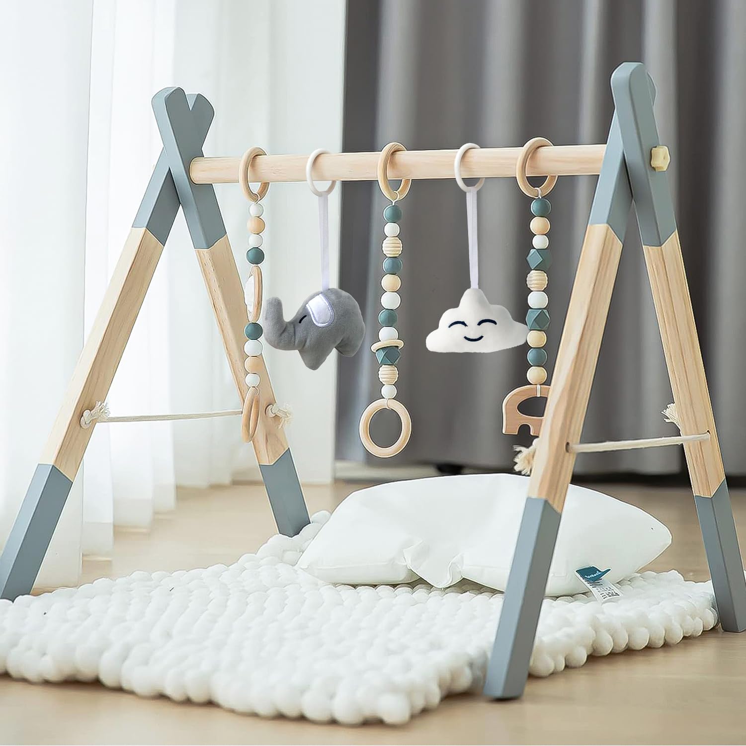 Foldable Wooden Baby Play Gym with 5 Hanging Toys - Natural Wood Activity Gym for Newborns & Infants (Grey) | Perfect for Tummy Time, Sensory Play & Early Development