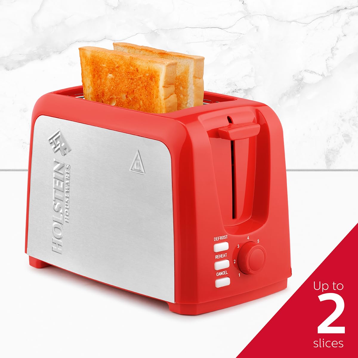 Holstein Housewares 2-Slice Toaster with 7 Browning Settings, Red Stainless Steel - Perfect for Toast, Bagels, Waffles - Ideal for Breakfast, Kitchen, Dorm & Office Use