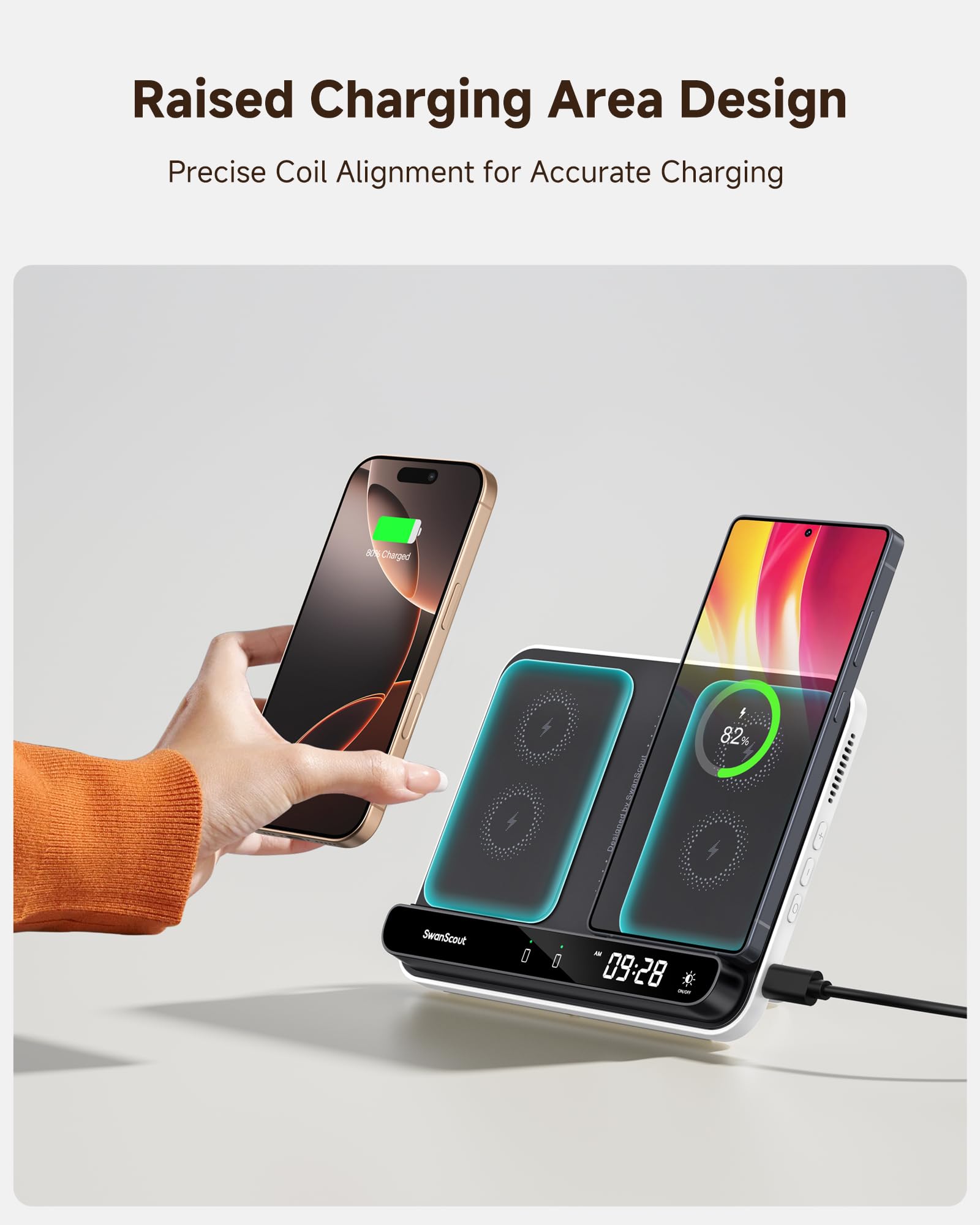 SwanScout 504 Foldable Dual Wireless Charger Stand - Fast Wireless Charging Station for iPhone 16/15/14, Samsung S25/S24/S23, Pixel 9/8/7, AirPods & Galaxy Buds (Includes Adapter) | Perfect for Home, Office & Travel Charging
