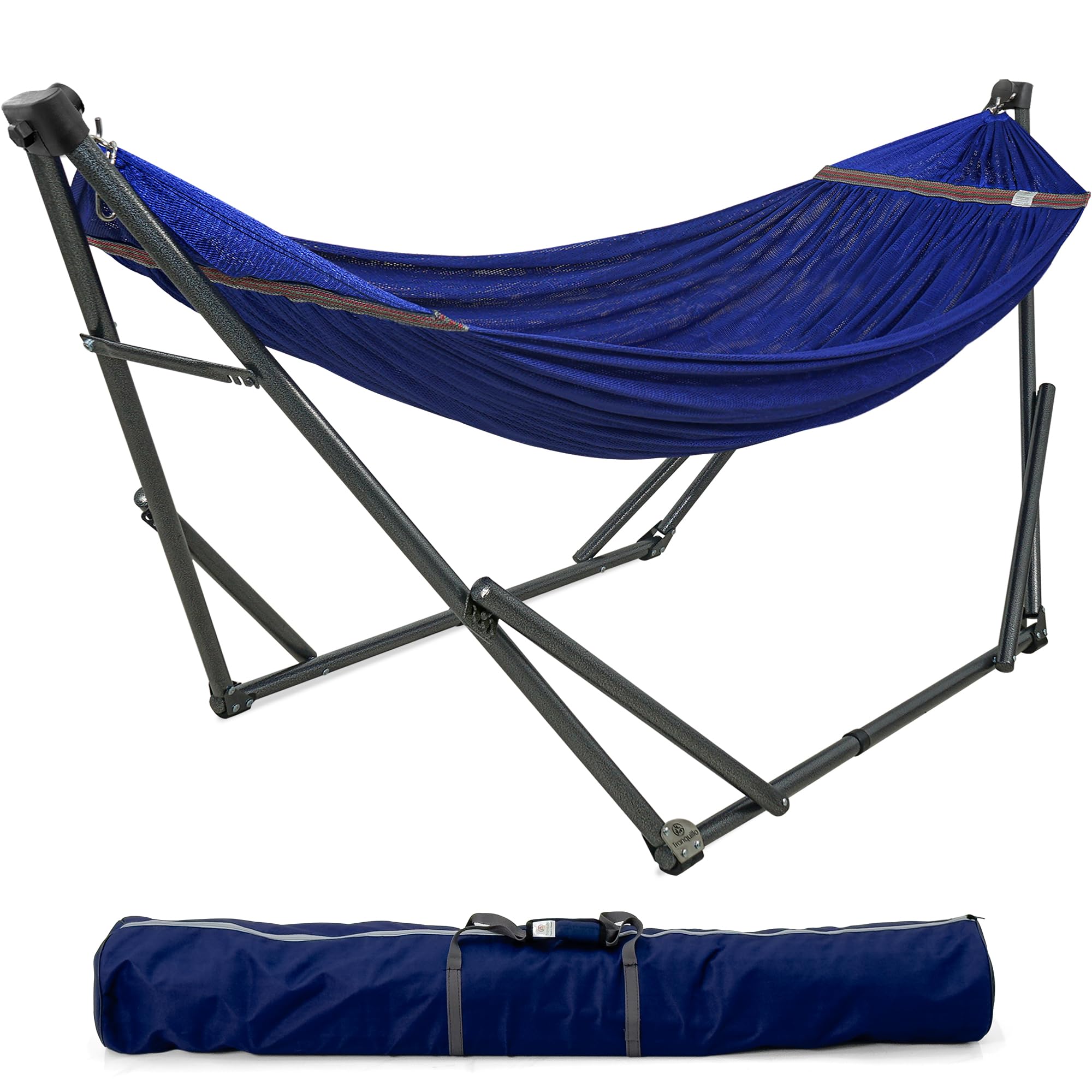 Premium Tranquillo Camping Hammock with Stand - 600 lbs Capacity 2-Person Foldable Hammock, Collapsible & Noiseless Heavy Duty Design (Blue) - Perfect for Backyard Relaxation, Beach Trips & Outdoor Adventures