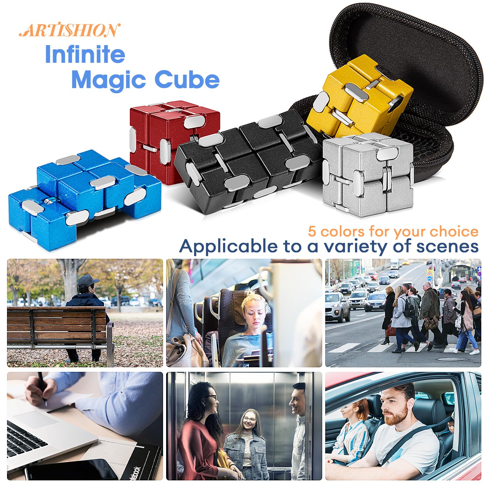 Metal Infinity Cube Fidget Toy - Punk Style Zinc Alloy Stress Relief Desk Gadget for Adults with Durable Case | Anxiety Relief, Office Focus Tool & Cool Gift for Gamers (Yellow)