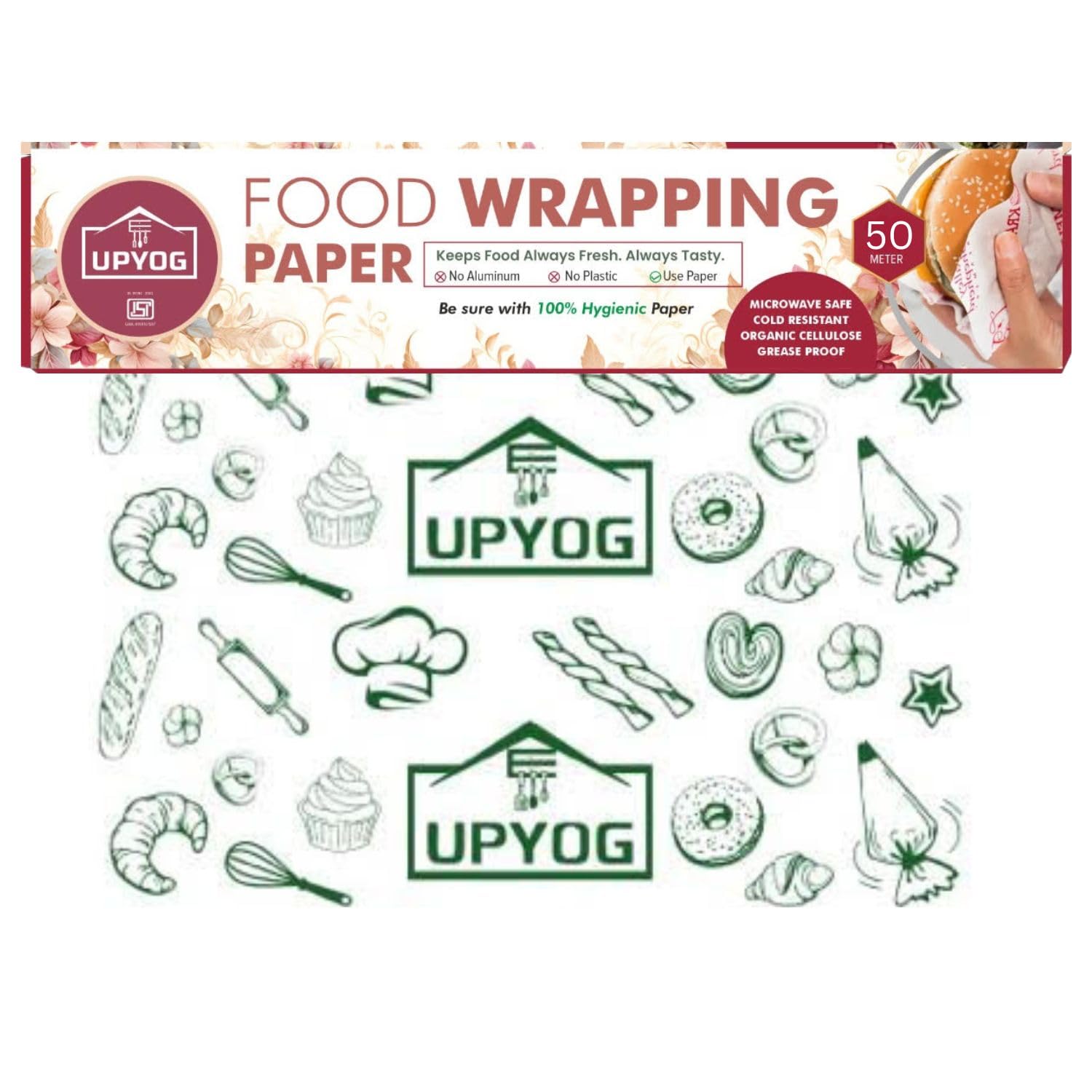UPYOG 50 Meters Non-Stick Food Wrapping Paper Roll - Premium Butter & Roti Wrapping Paper for Baking, Cooking & Meal Prep - Ideal for Home Kitchen & Restaurant Use